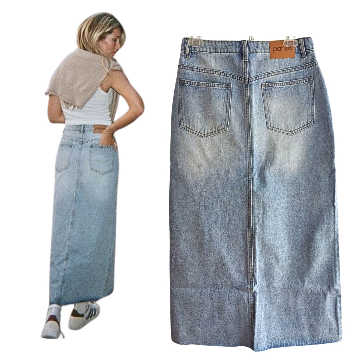 NWT PARKE Button Down Medium-Light Wash Midi Maxi Denim Skirt Size L