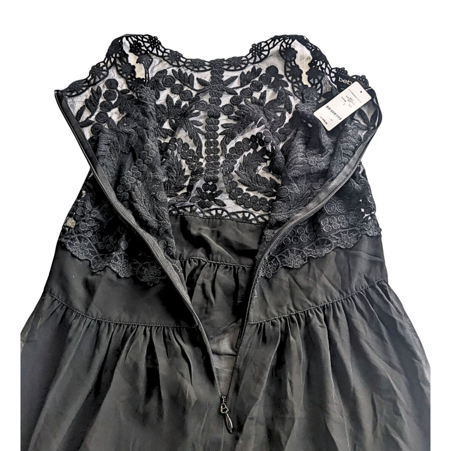 NWT BEBE Black Hi-Lo Embroidered Tulle Lace Overlay Festival Boho Tunic Top Sz L