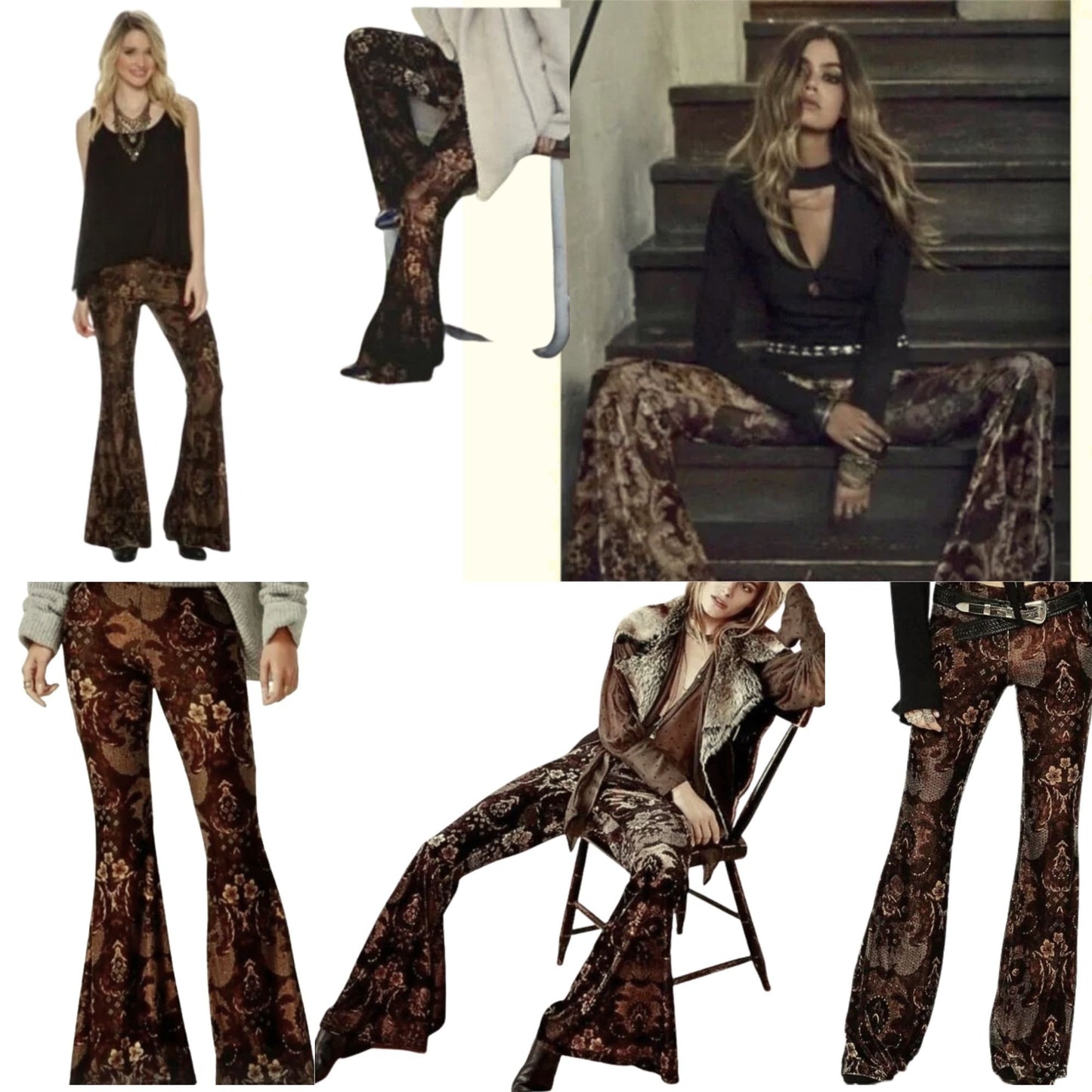 FREE PEOPLE Maura Hippie Rock Brown Paisley Printed Velvet Flare Pants Size L