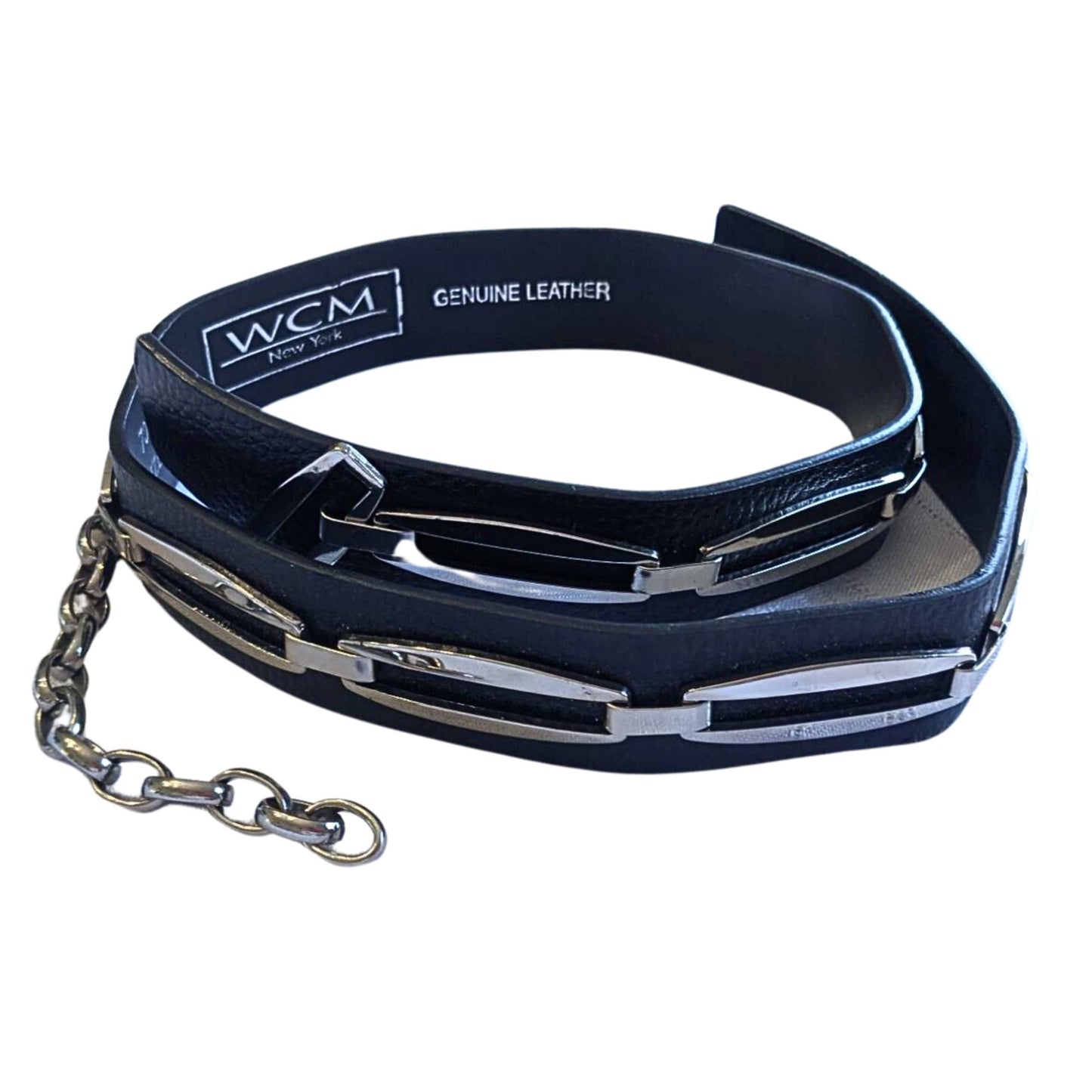Vintage Y2K WCM NEW YORK Punk Rock Black & Silver Chain Genuine Leather Belt SzM