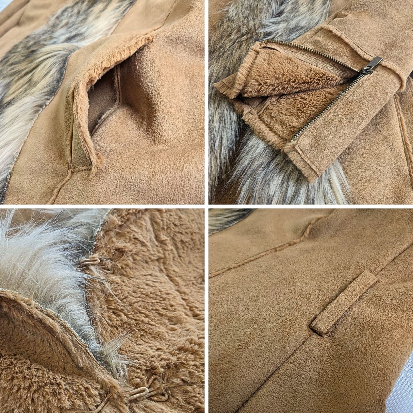 Vintage Y2K BEBE Camel Penny Lane Faux Fur & Vegan Suede 3/4 Coat Size S