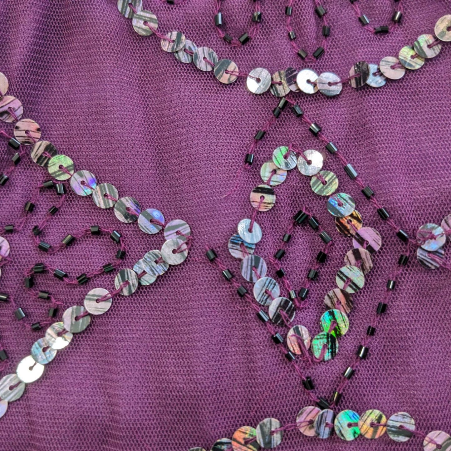 Vintage Y2K ANGIE Geometric Embellished Plum Sheath Scallop Hem Mini Dress Sz L