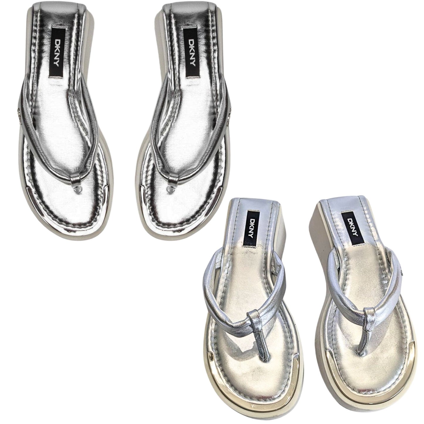 NWT Vtg Y2K DKNY Maeryn Metallic Silver Leather White Platform Flip Flops Sz 7M