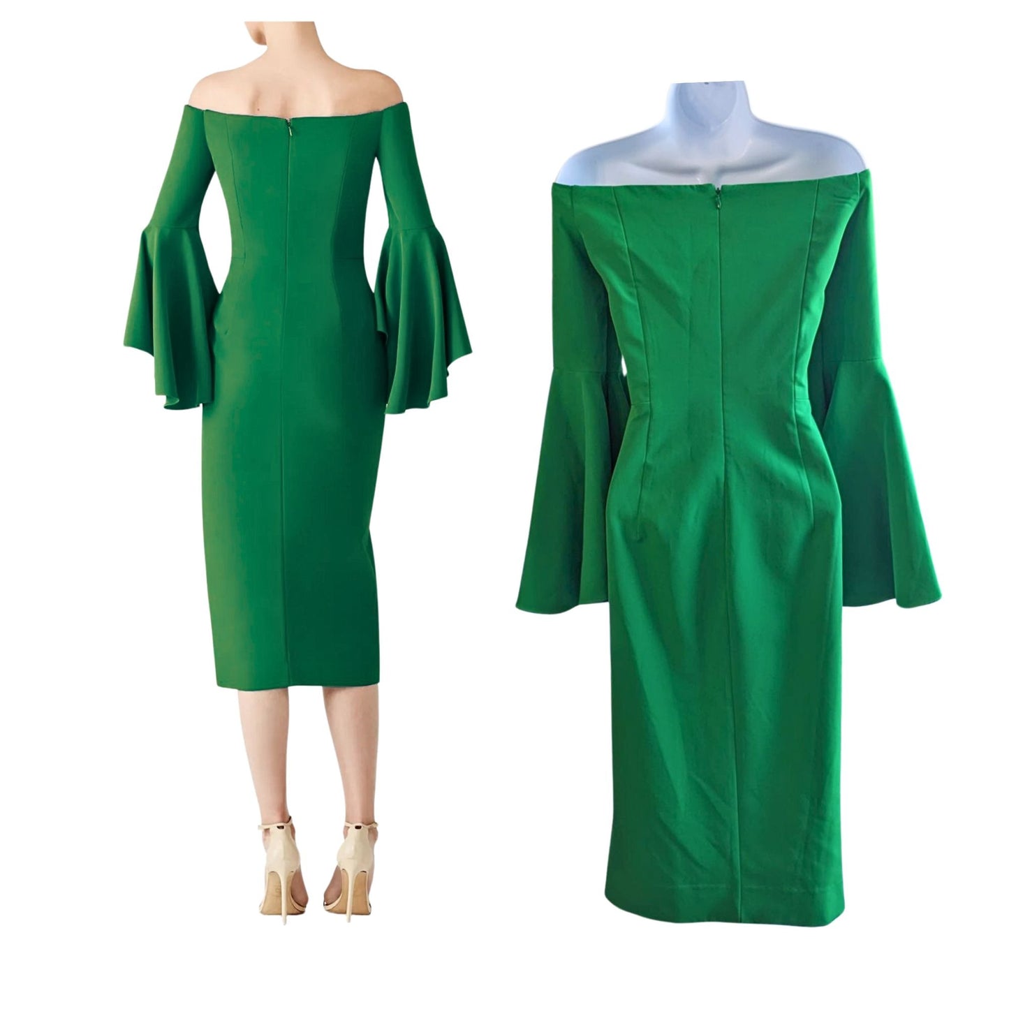 Viral MILLY Selena in Rare Kelly Green Off Shoulder Bell Sleeve Slit Dress Sz 10