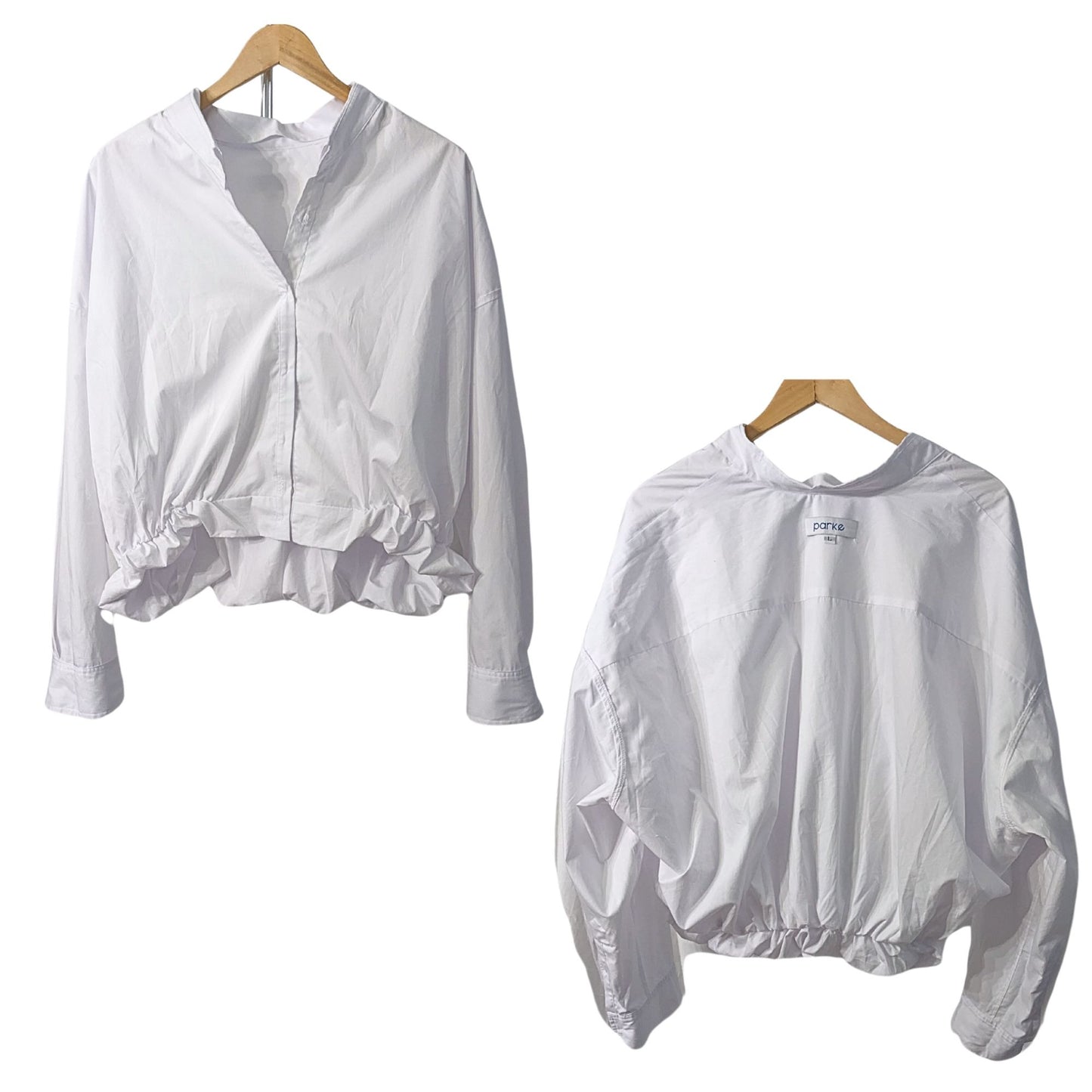 NWOT PARKE White Bubble Down Cropped Blouson Poplin Shirt Boho Normcore Size L