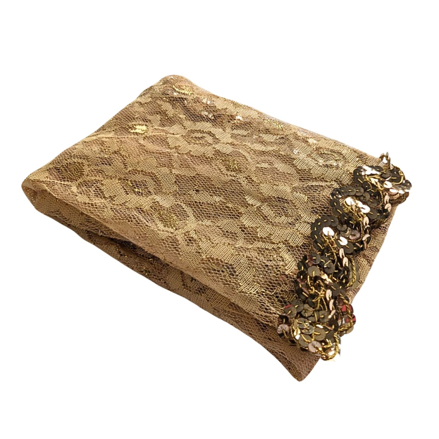 Vintage 70s ALFRED LABATON Gold Chantilly Lace Sequin Embroidered 62x16" Shawl
