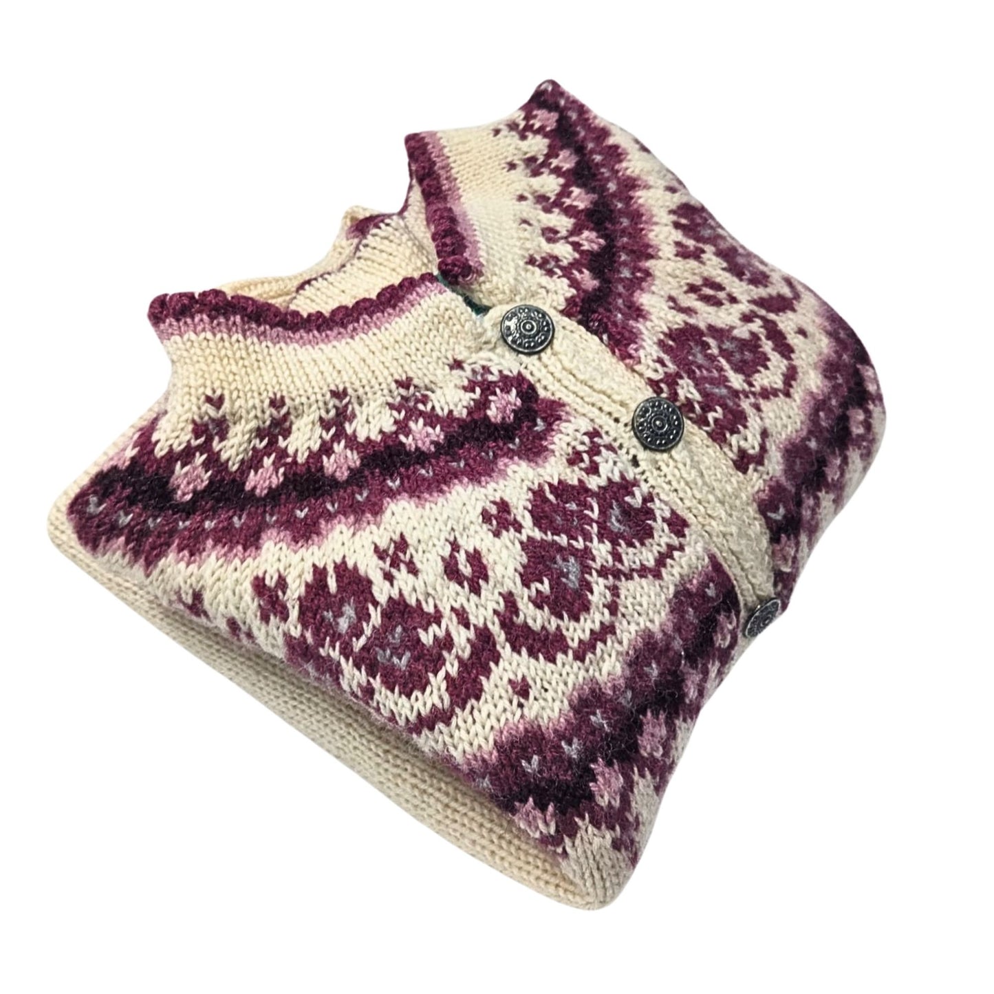 Vtg 70s NORSK HUSFLID 100% Wool Purple Rosemaling Fair Isle Handknit Cardigan XL