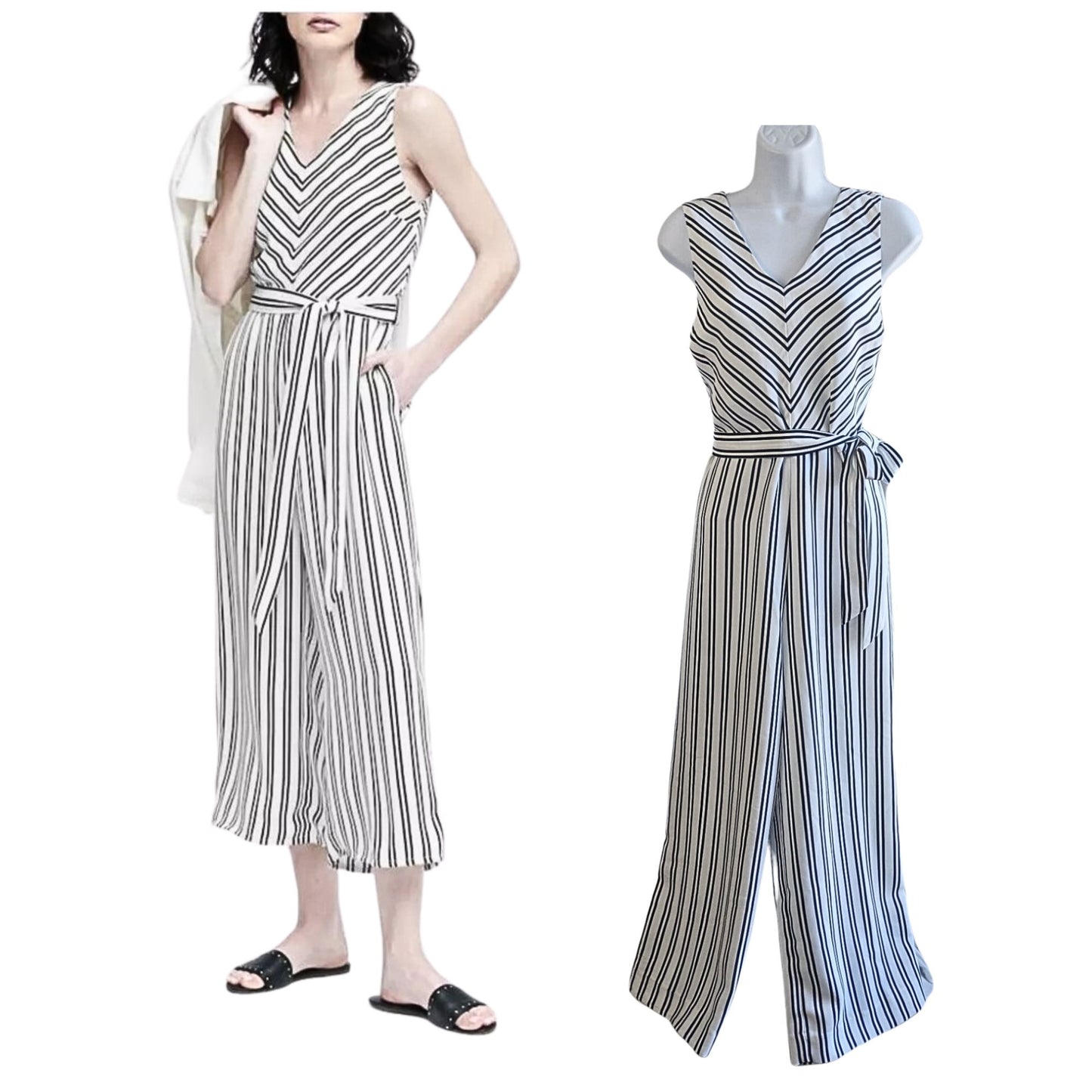 NWT BANANA REPUBLIC White & Black Chevron Wide-Leg Belted Cropped Jumpsuit Sz 8