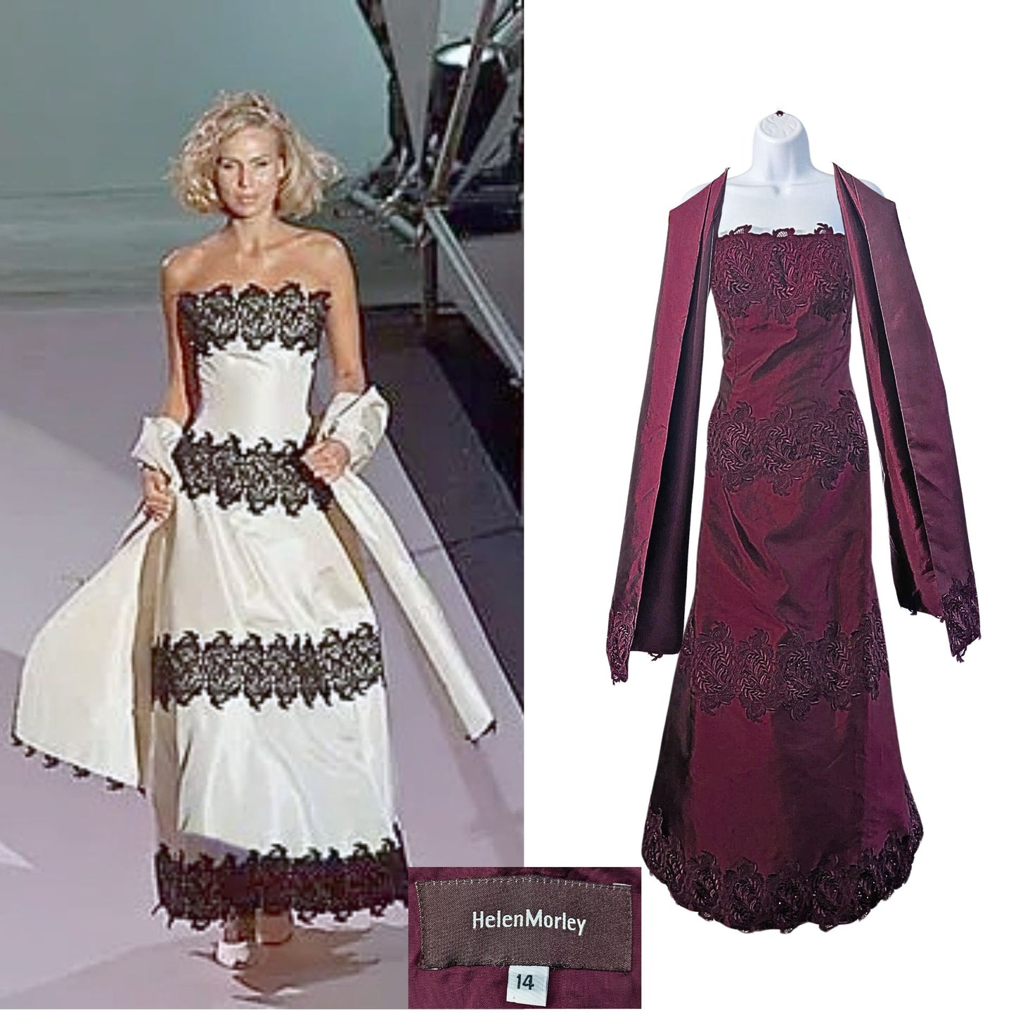 Vtg 2000 HELEN MORLEY Bordeaux Silk Blend Strapless Gown + Shawl Size 14