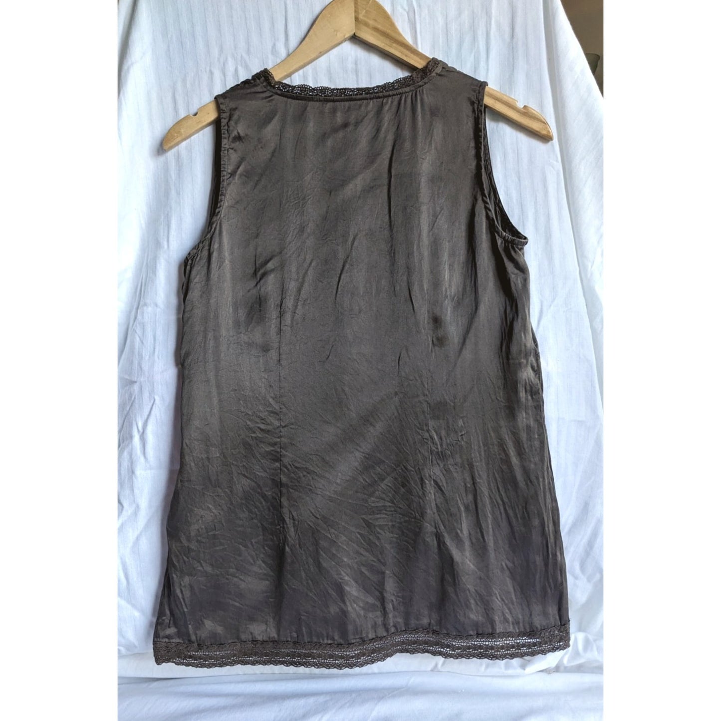 Vintage Y2K J. JILL Brown 100% Silk Blouse Sleeveless V-Neck w/ Lace Size 4