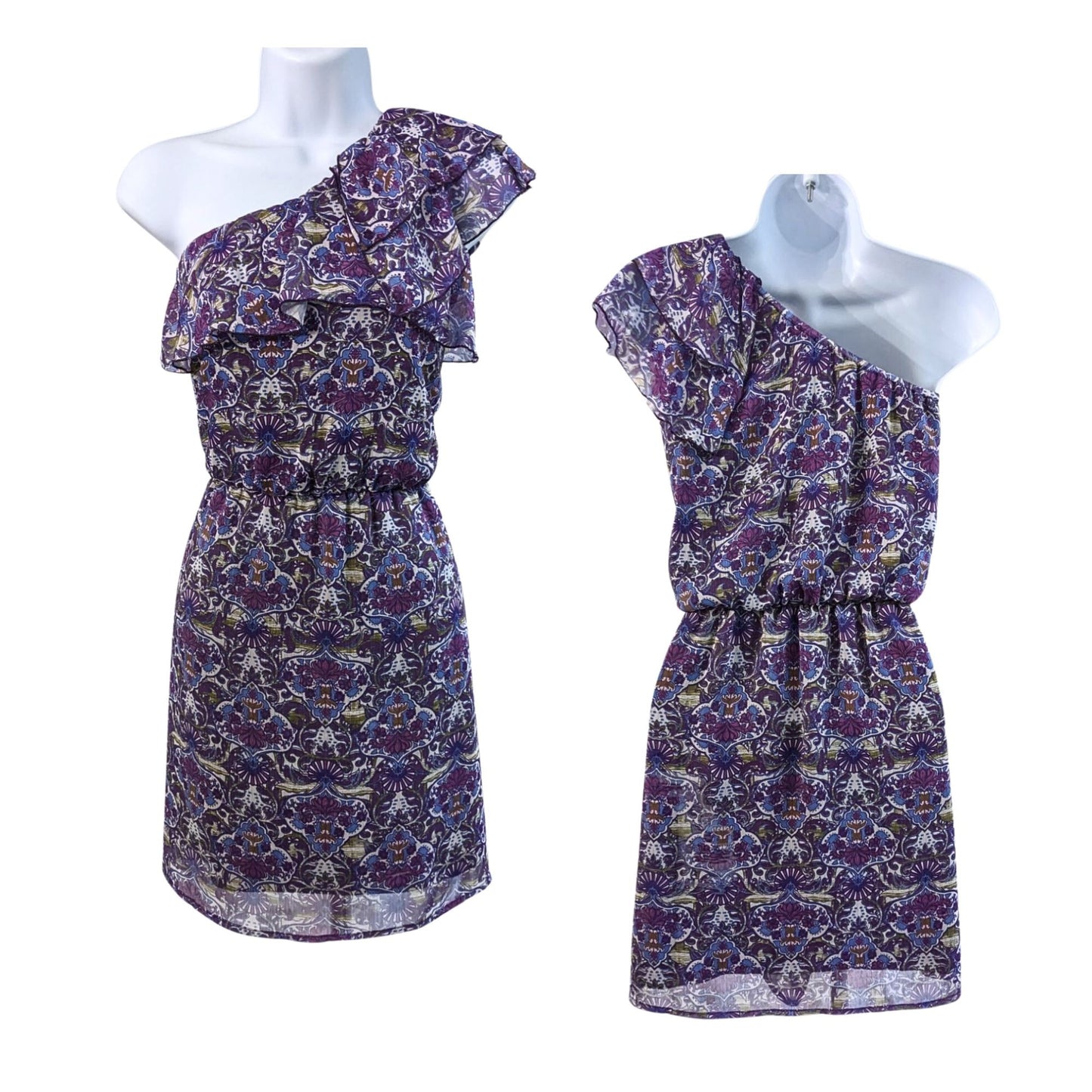 Vtg Y2K EYELASH COUTURE 1Shoulder Purple Paisley Lined Blouson Mini Dress Sz XL