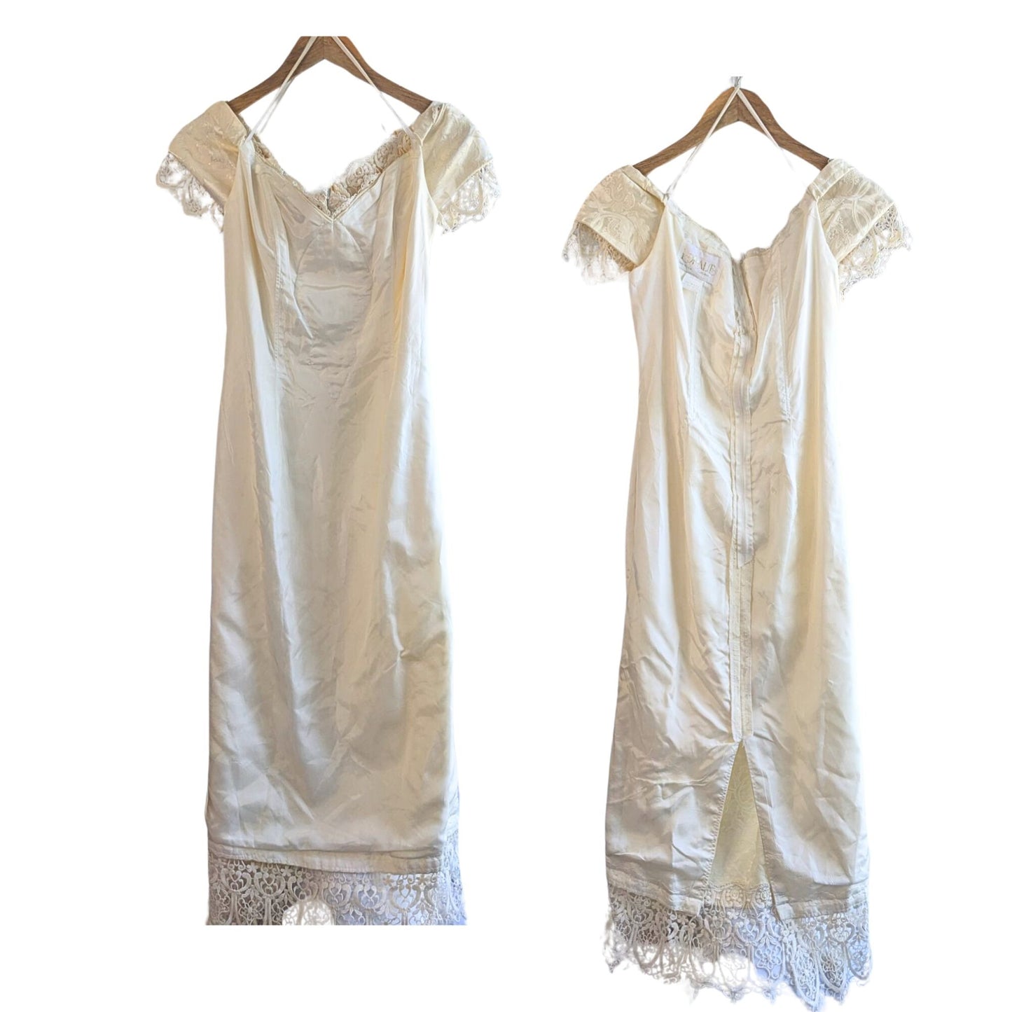 Vintage 80s LORALIE Ivory Romanian Macramé Lace Damask Wedding Sheath Dress Sz12