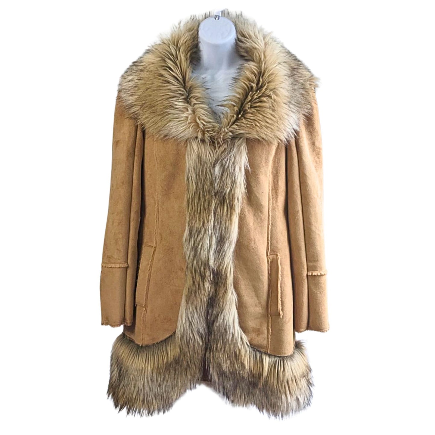 Vintage Y2K BEBE Camel Penny Lane Faux Fur & Vegan Suede 3/4 Coat Size S