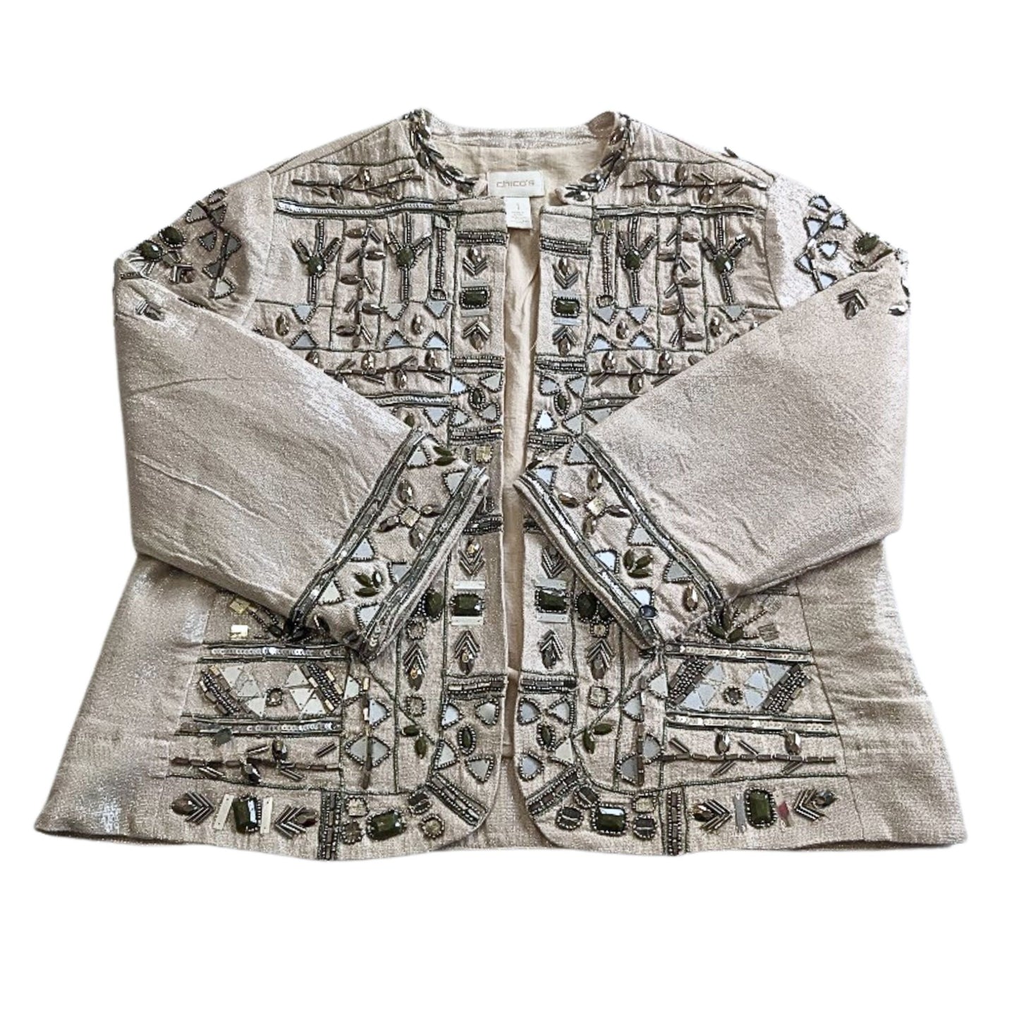 Vintage Y2K CHICOS Embellished Metallic Beige Aztec Beaded Cocktail Jacket Sz 1