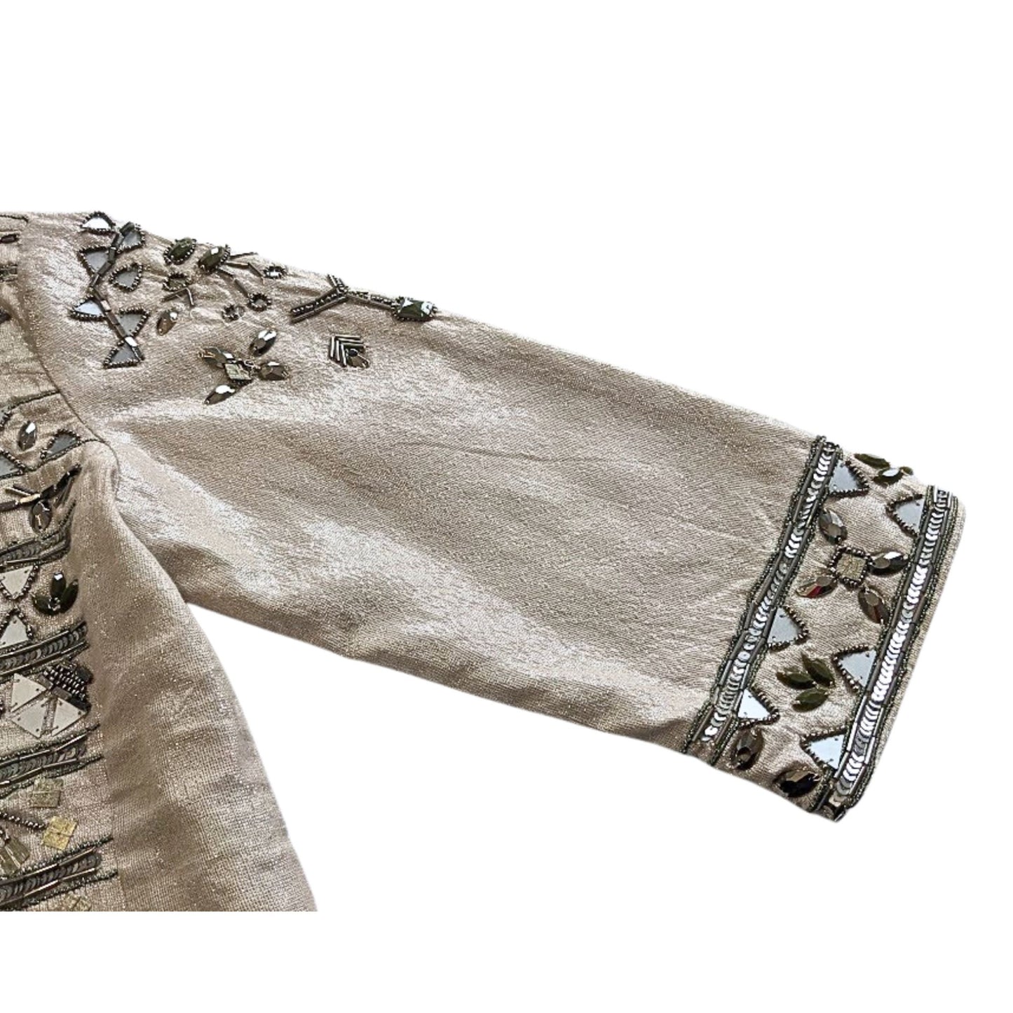 Vintage Y2K CHICOS Embellished Metallic Beige Aztec Beaded Cocktail Jacket Sz 1