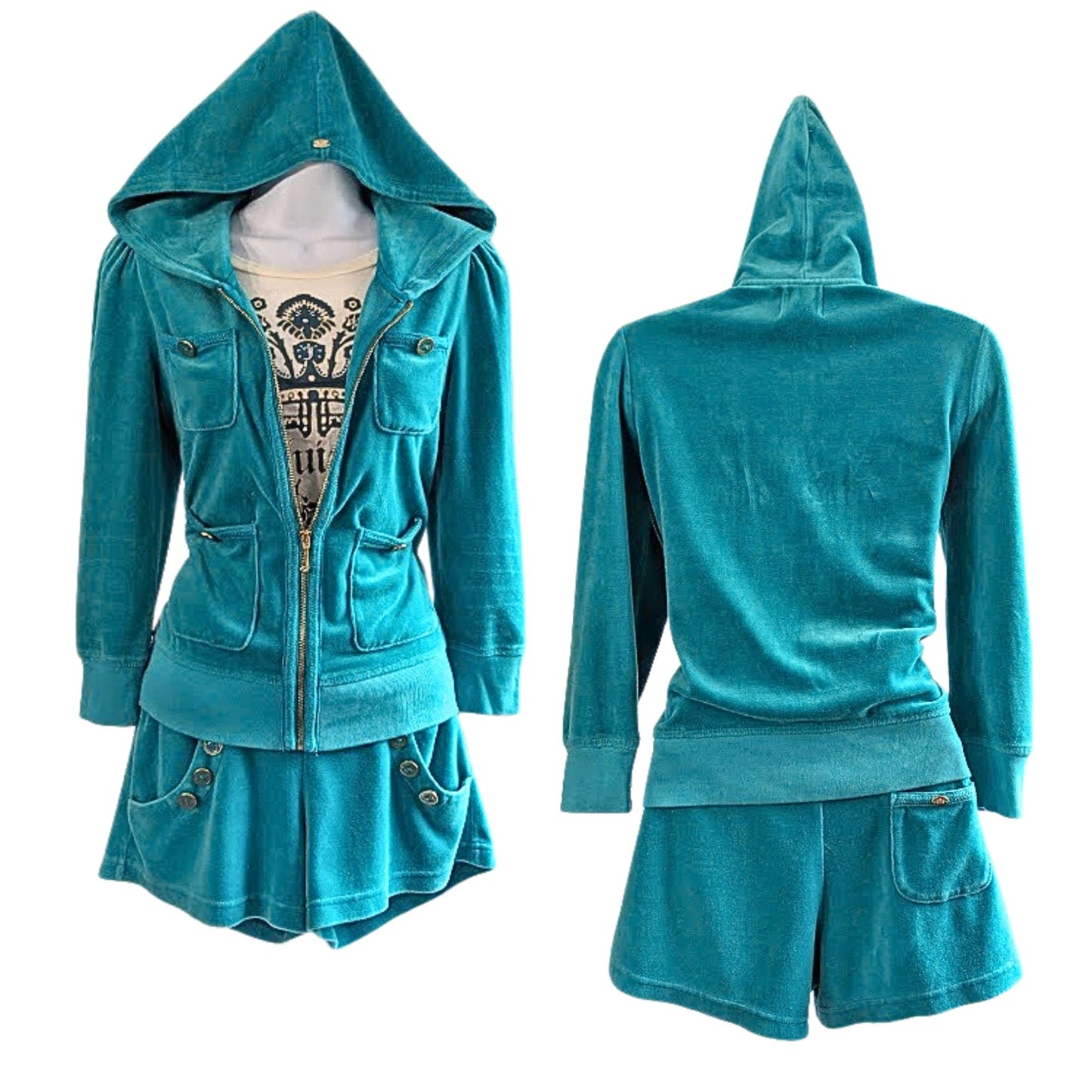 Vtg Y2k JUICY COUTURE 4pc Teal Gold Polly Pocket Velour Matching Shorts Set Sz S