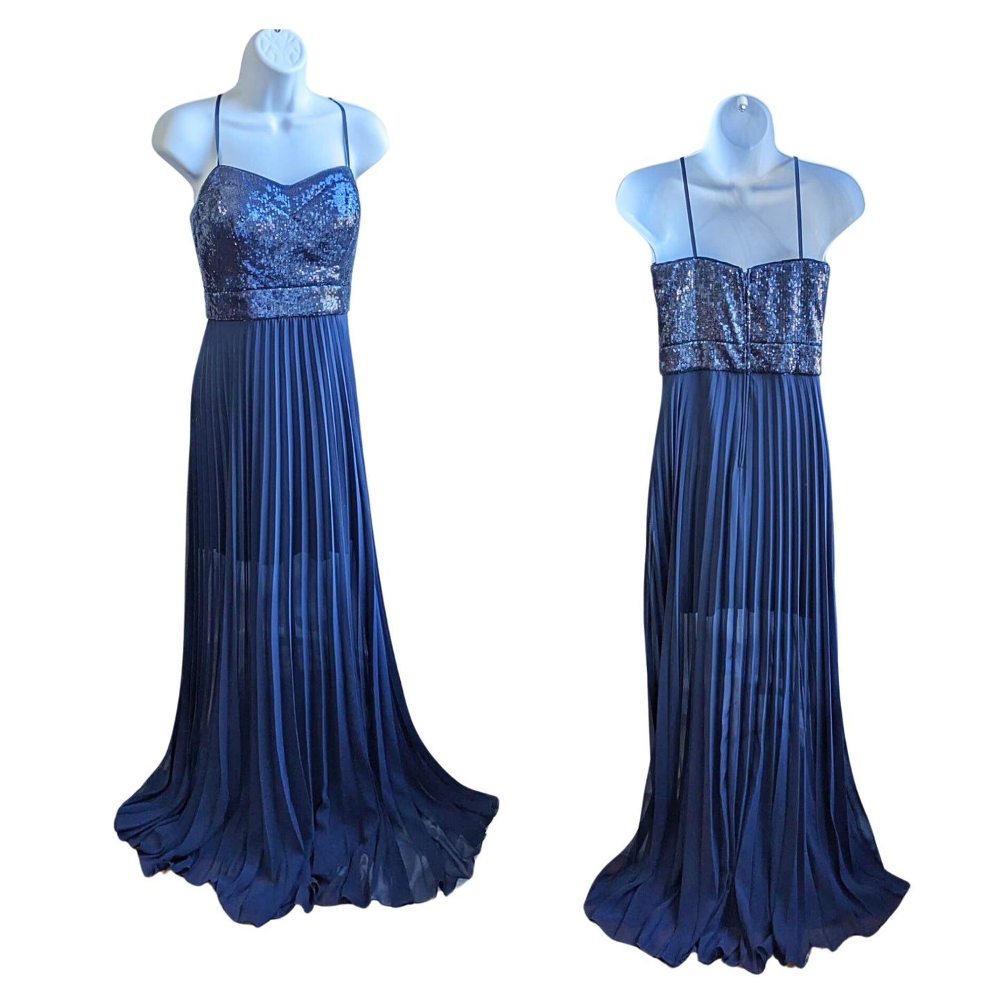 Vintage Y2K CACHE Midnight Blue Lean Column Sequined Mini Maxi Dress Size 8