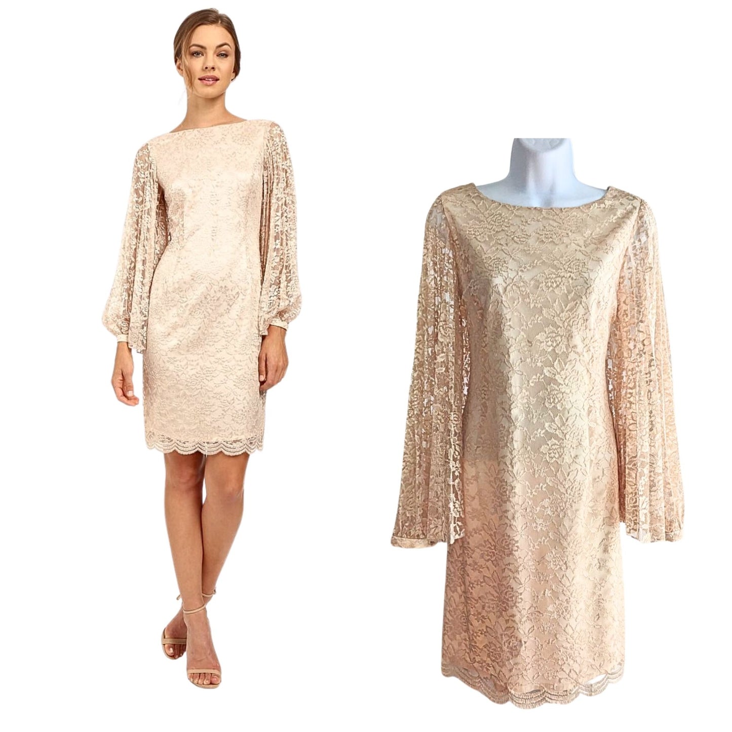 Angelic TAHARI ARTHUR S LEVIN Champagne Satin Georgette Angel Sleeve Lace Overlay Mini Dress Size 6