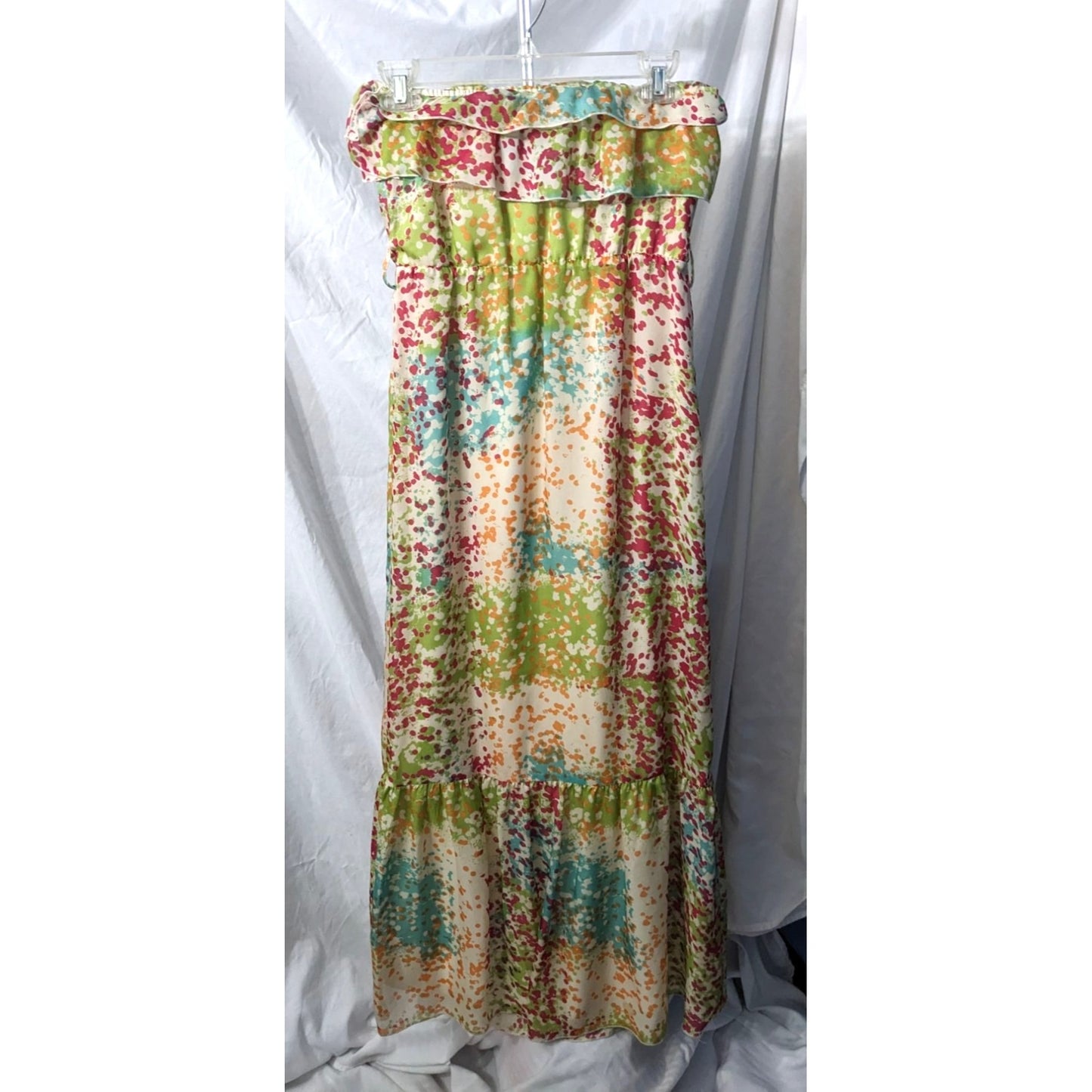 THE LIMITED Strapless Rainbow Paint Splatter Maxi Dress Ruffle Tiered Size XS