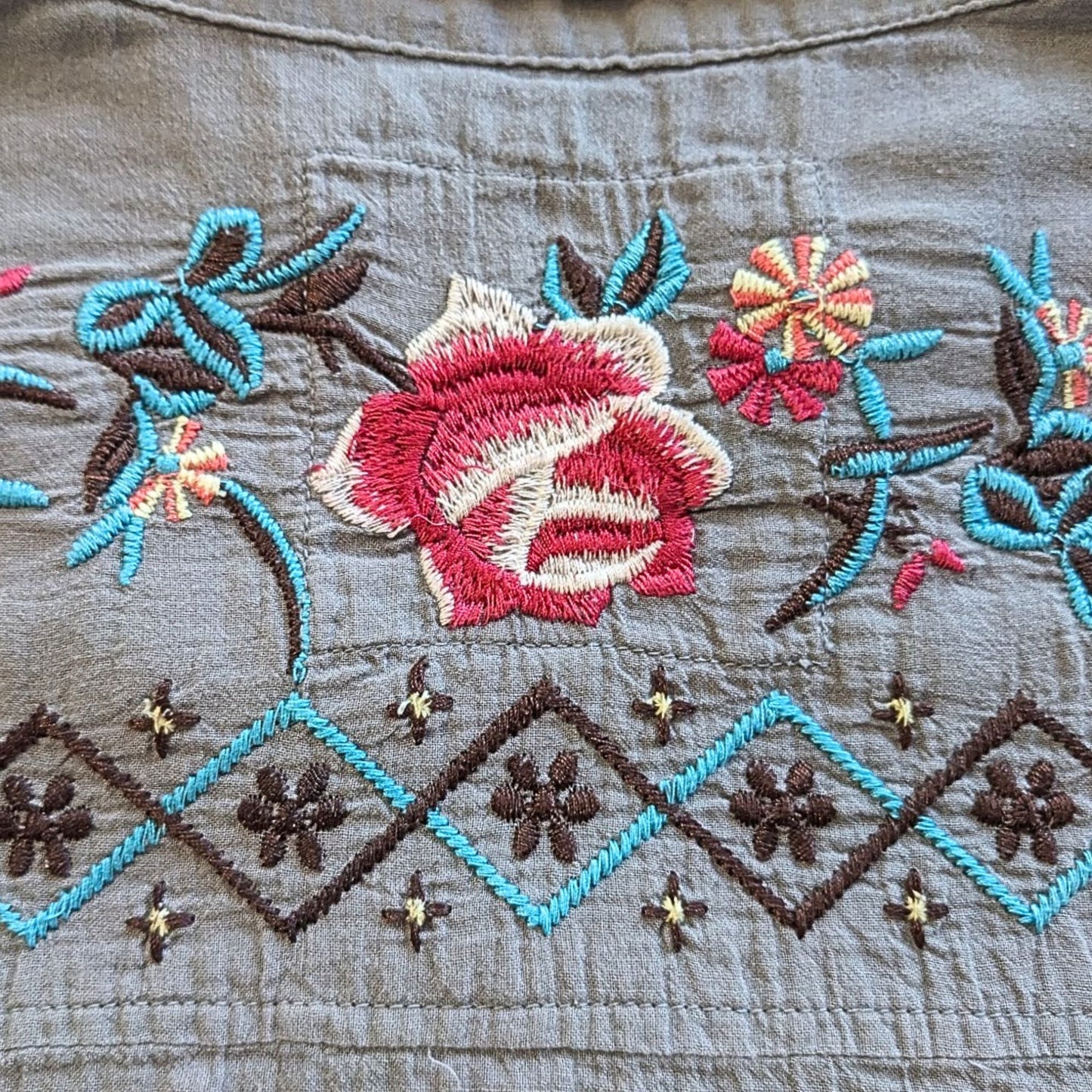JOHNNY WAS 3J Workshop Prairie Rose Embroidered Button Down Bandit Blouse Sz XS