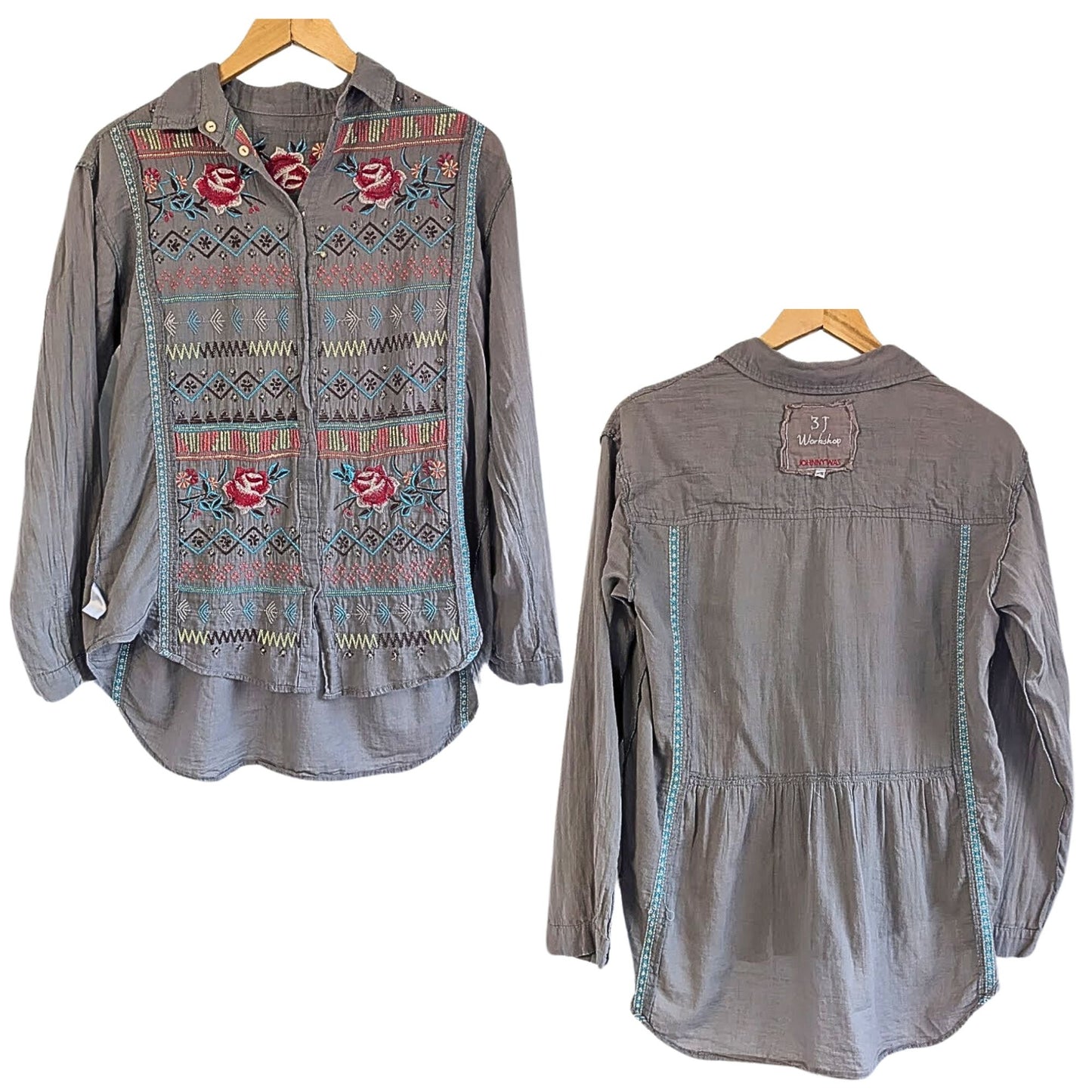 JOHNNY WAS 3J Workshop Prairie Rose Embroidered Button Down Bandit Blouse Sz XS