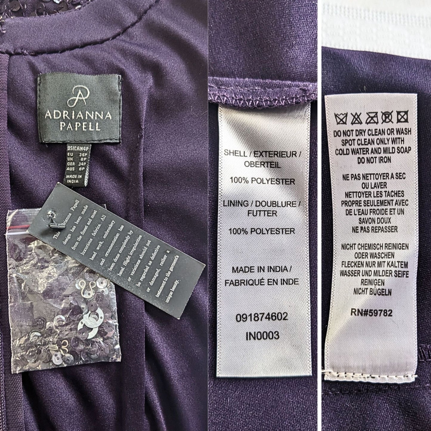 NWT ADRIANNA PAPELL Amethyst Scoop Back All Over Sequin Cap Sleeve Gown Size 4P