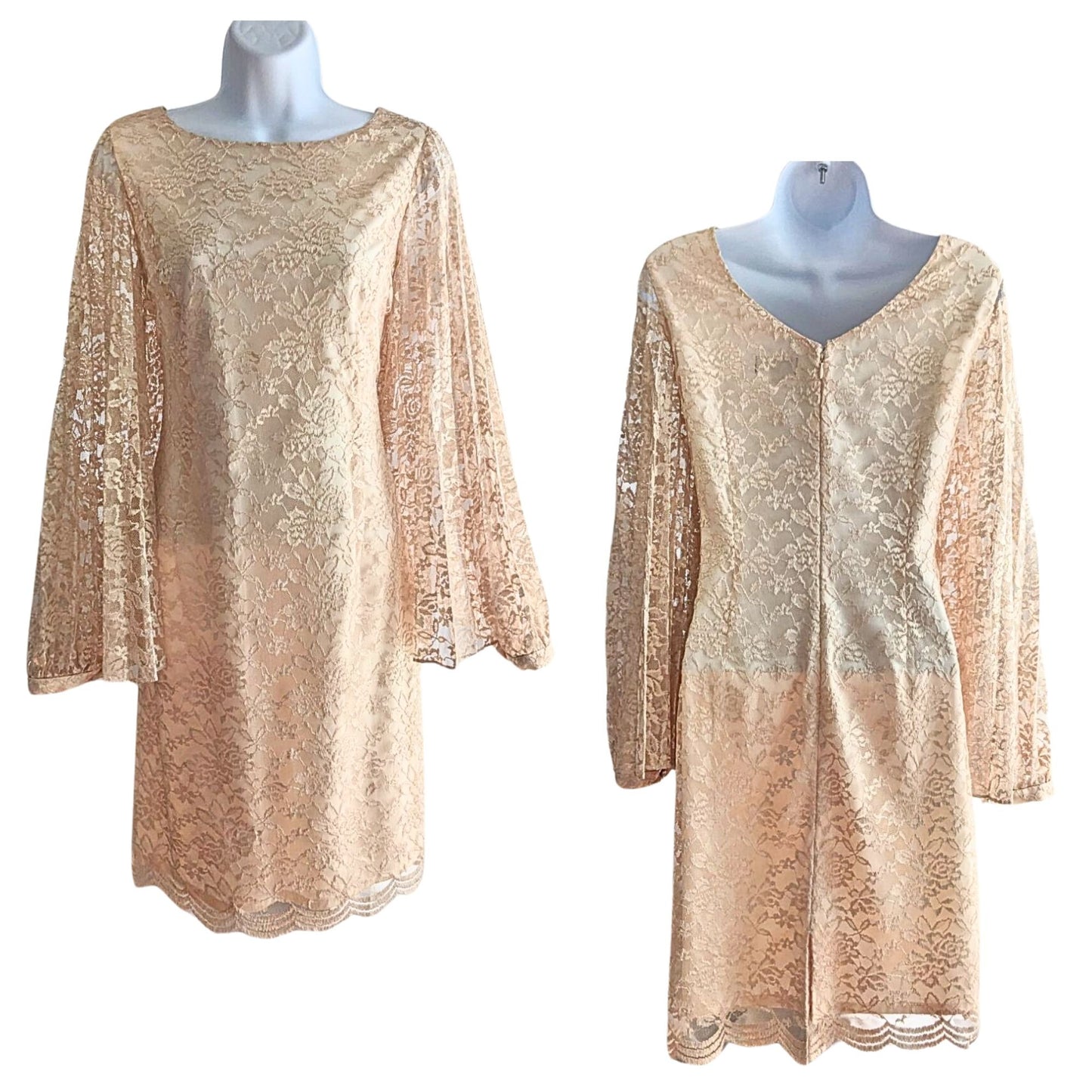 Angelic TAHARI ARTHUR S LEVIN Champagne Satin Georgette Angel Sleeve Lace Overlay Mini Dress Size 6