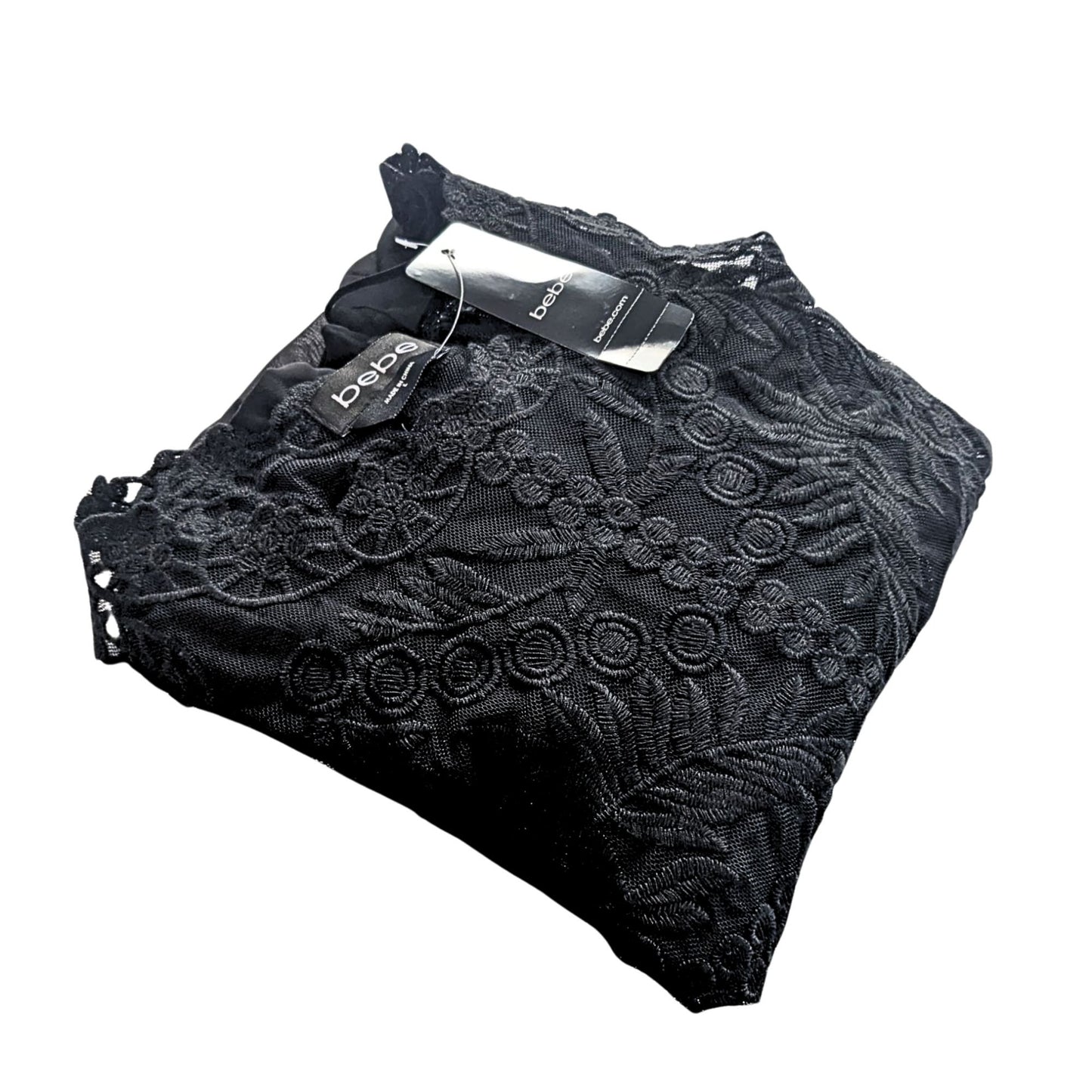 NWT BEBE Black Hi-Lo Embroidered Tulle Lace Overlay Festival Boho Tunic Top Sz L