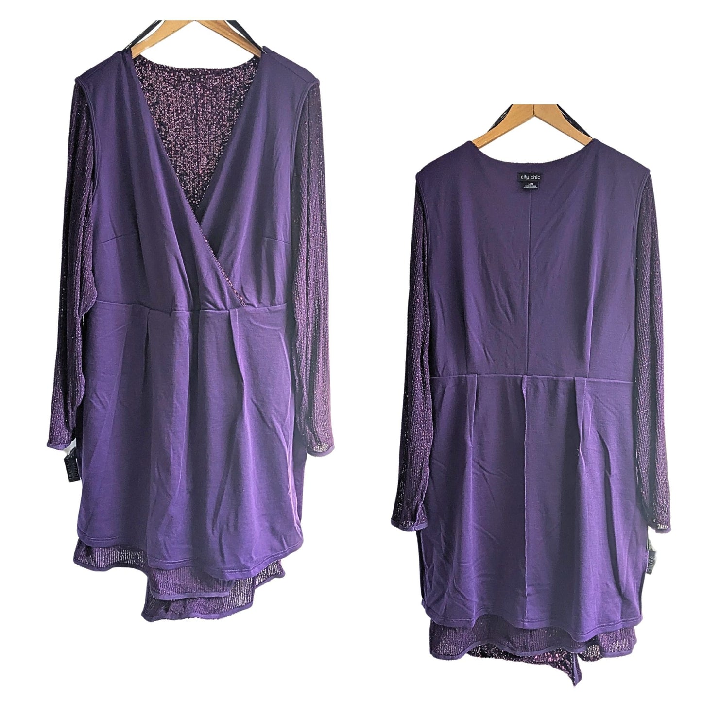 CITY CHIC Violet Razzle Sequin Faux Wrap Mini Dress Size L/20