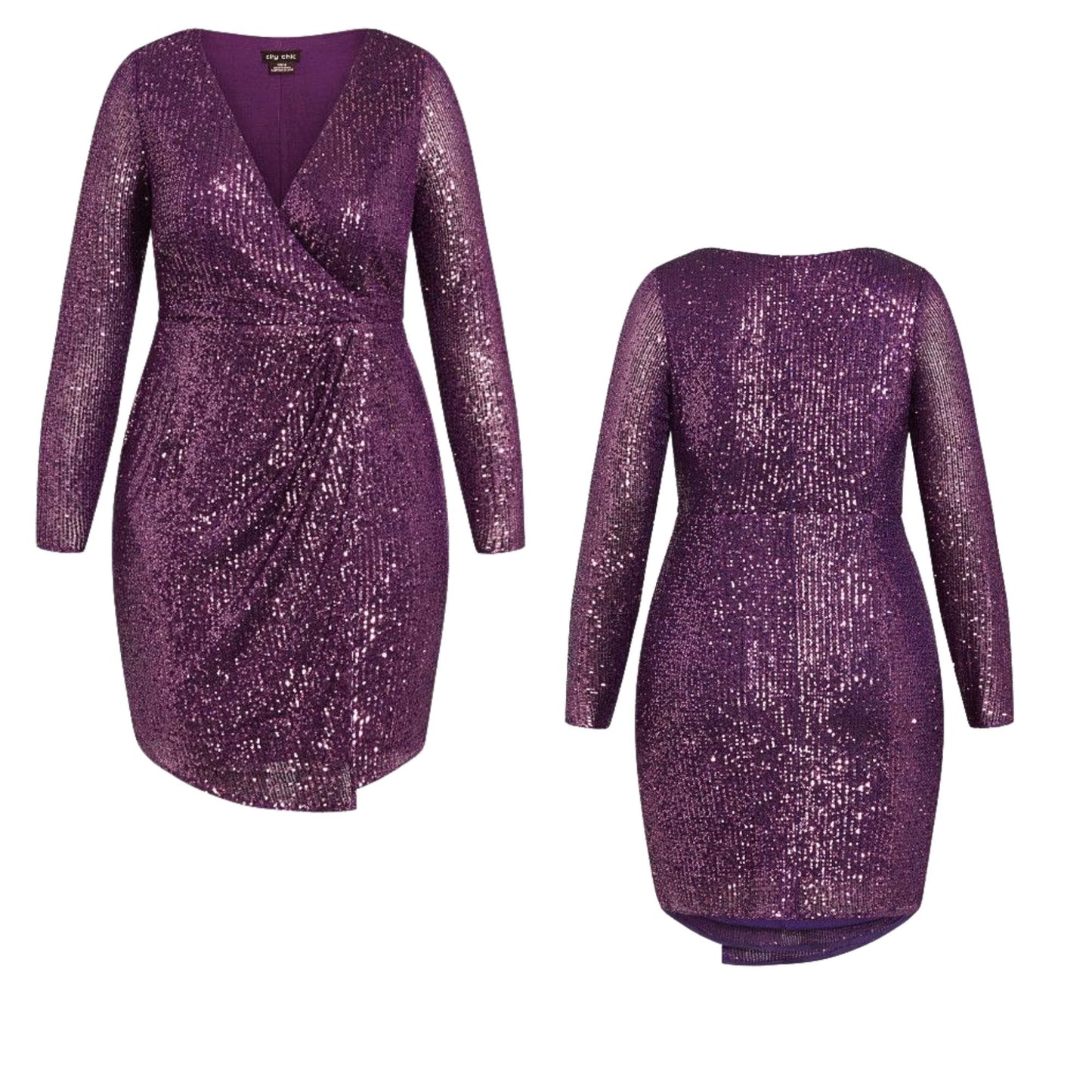 CITY CHIC Violet Razzle Sequin Faux Wrap Mini Dress Size L/20
