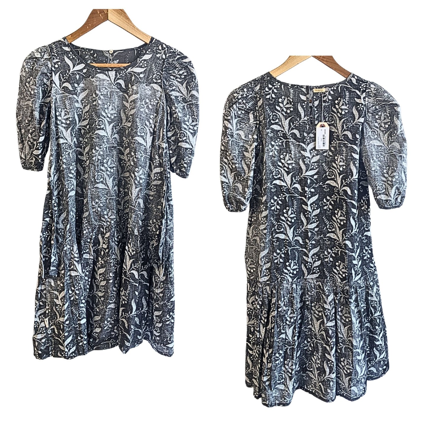 NWT MATTA Kenia Dadra Ghat Blue 100% Organic Cotton Smock Puff Mini Dress Sz XS