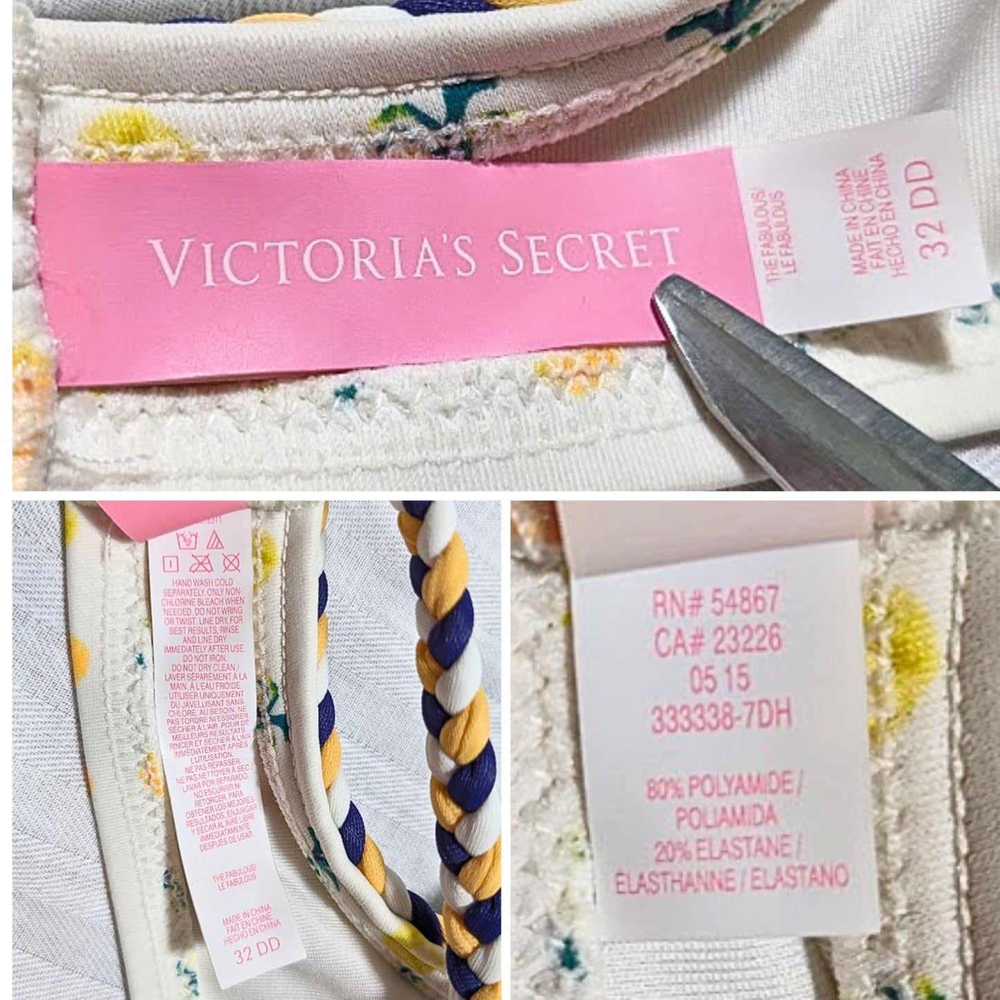 VICTORIA'S SECRET Fabulous Pushup Pineapple PomPom Underwire Bikini Top Sz 32DD