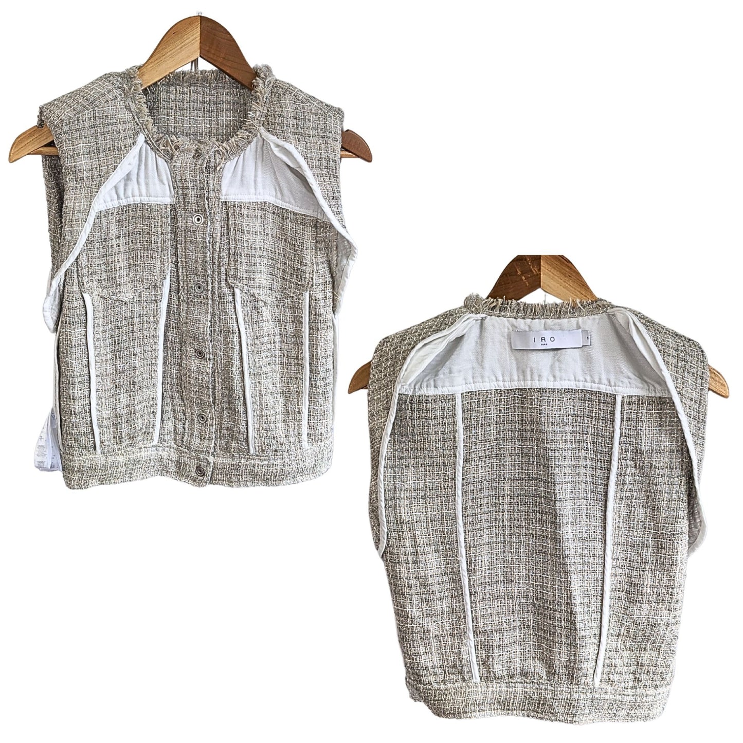 IRO Dilea Fringe Snap Mixed Beige & Metallic Silver Tweed Vest Jacket Size 34/XS