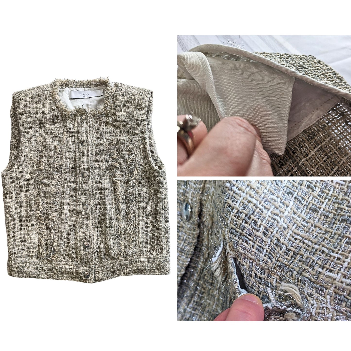 IRO Dilea Fringe Snap Mixed Beige & Metallic Silver Tweed Vest Jacket Size 34/XS