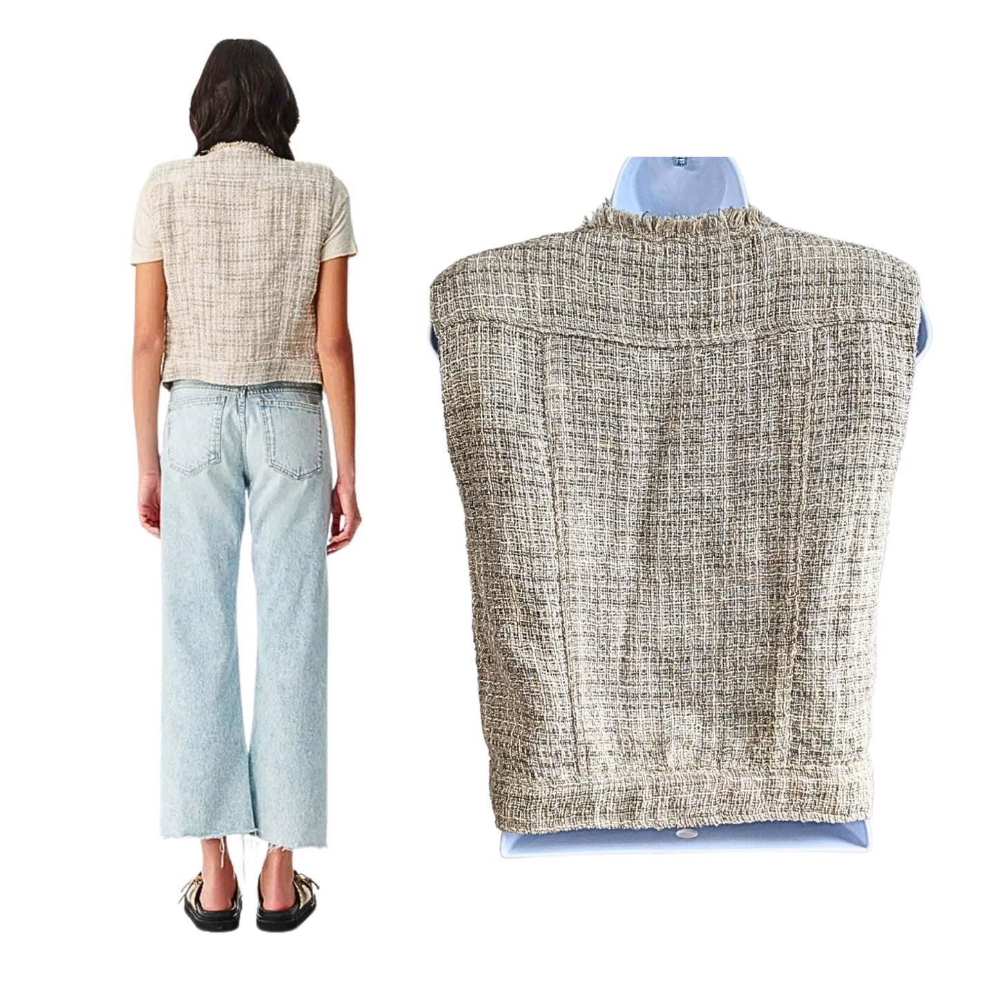 IRO Dilea Fringe Snap Mixed Beige & Metallic Silver Tweed Vest Jacket Size 34/XS