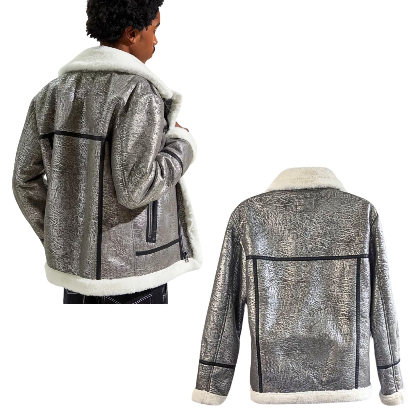 URBAN OUTFITTERS Faux Shearling B3 Super Soft Silver Bomber Jacket Men's Size L