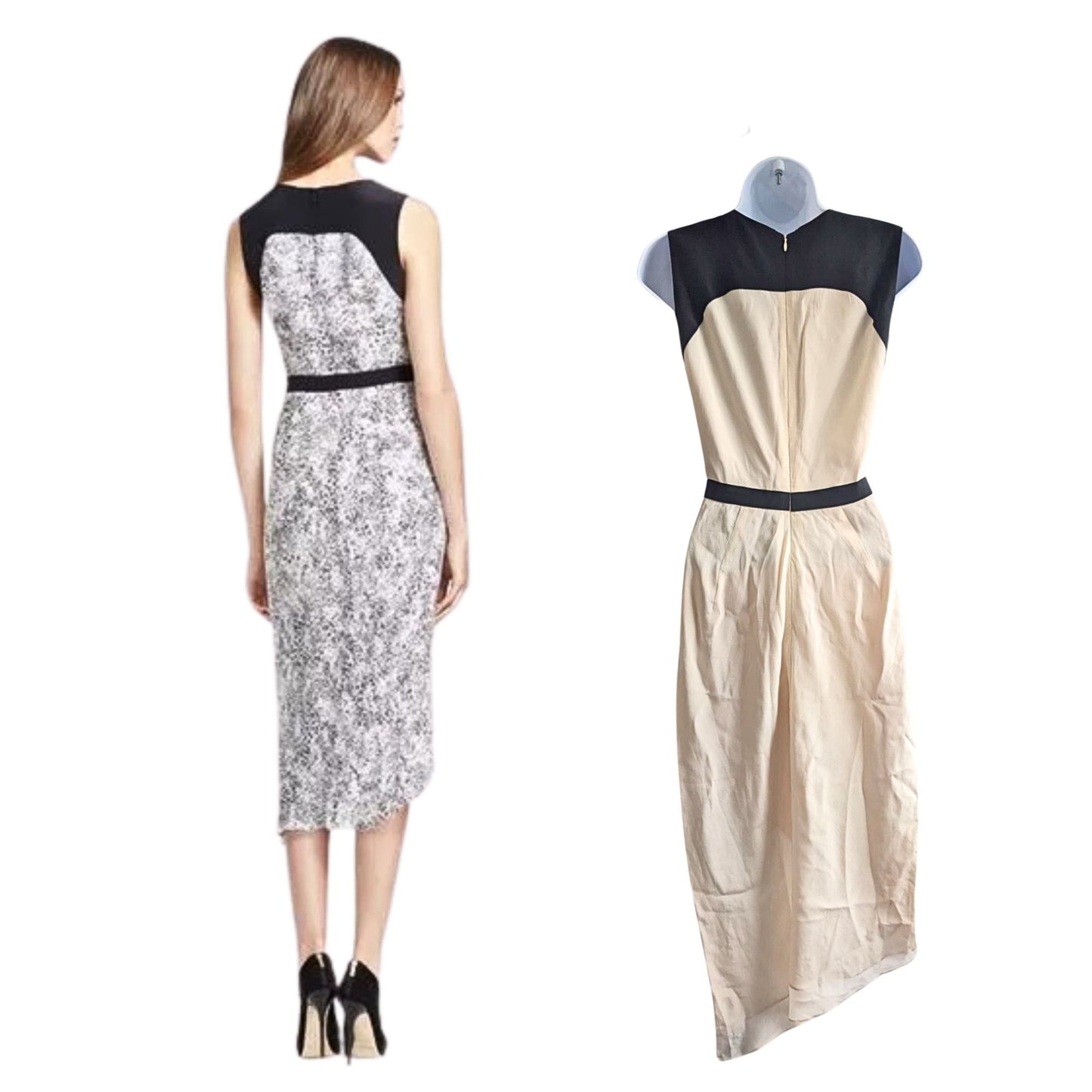 HAUTE HIPPIE Black & Cream Clara 100% Silk Georgette Asymmetrical Midi Dress Size 4