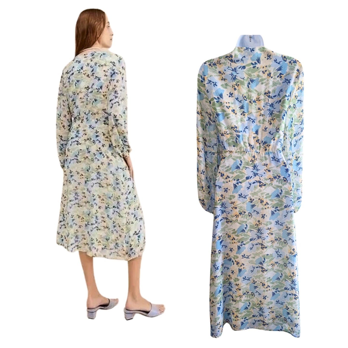 Anthropologie ICHI Adiline Cream Blue Floral Chiffon Wrap Midi Dress Size 34/6