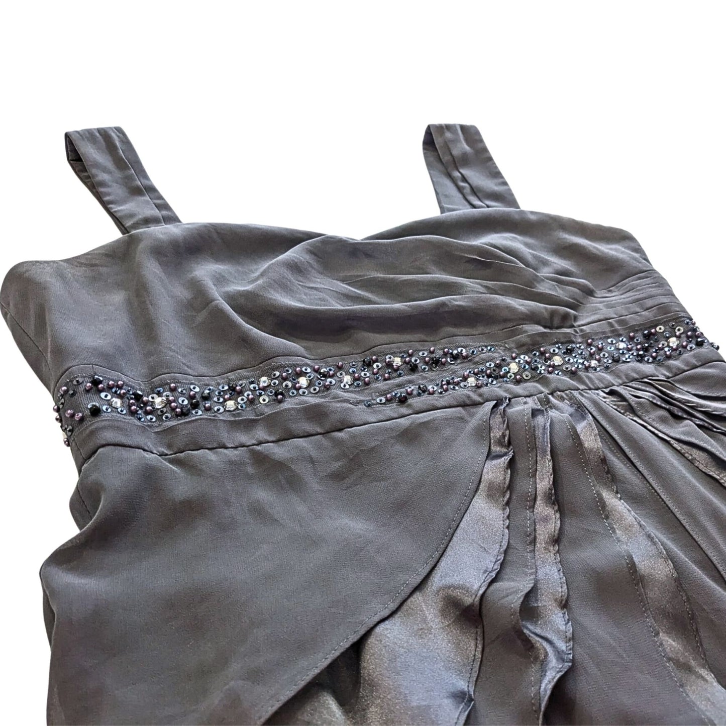 MIDNIGHT VELVET Nicoletta Smoky Gray Sequin Chiffon Satin Waterfall Gown Size 16