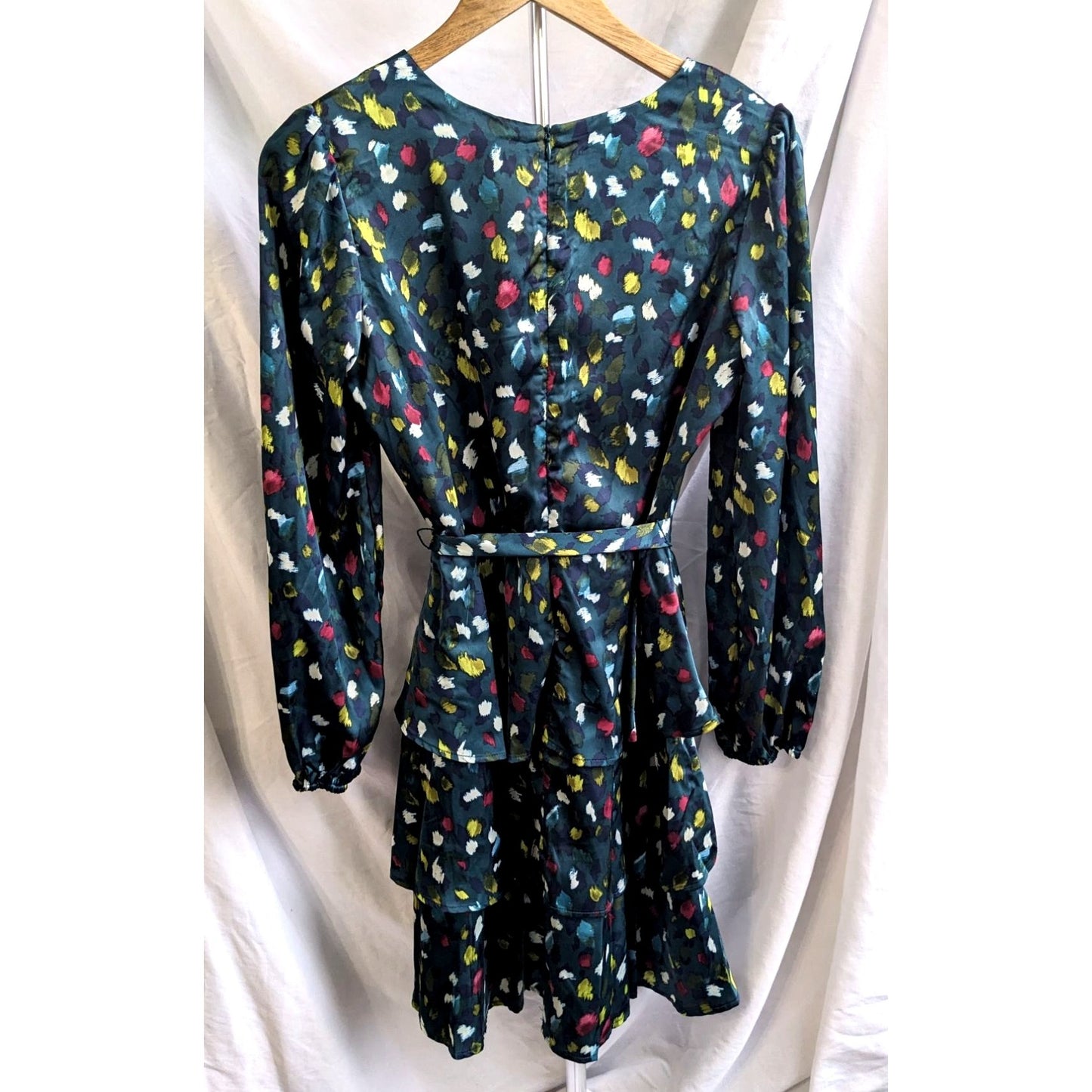 NICOLE MILLER New York Green Paint Swatch Long Sleeve Dress Ruffled Skirt Size XS