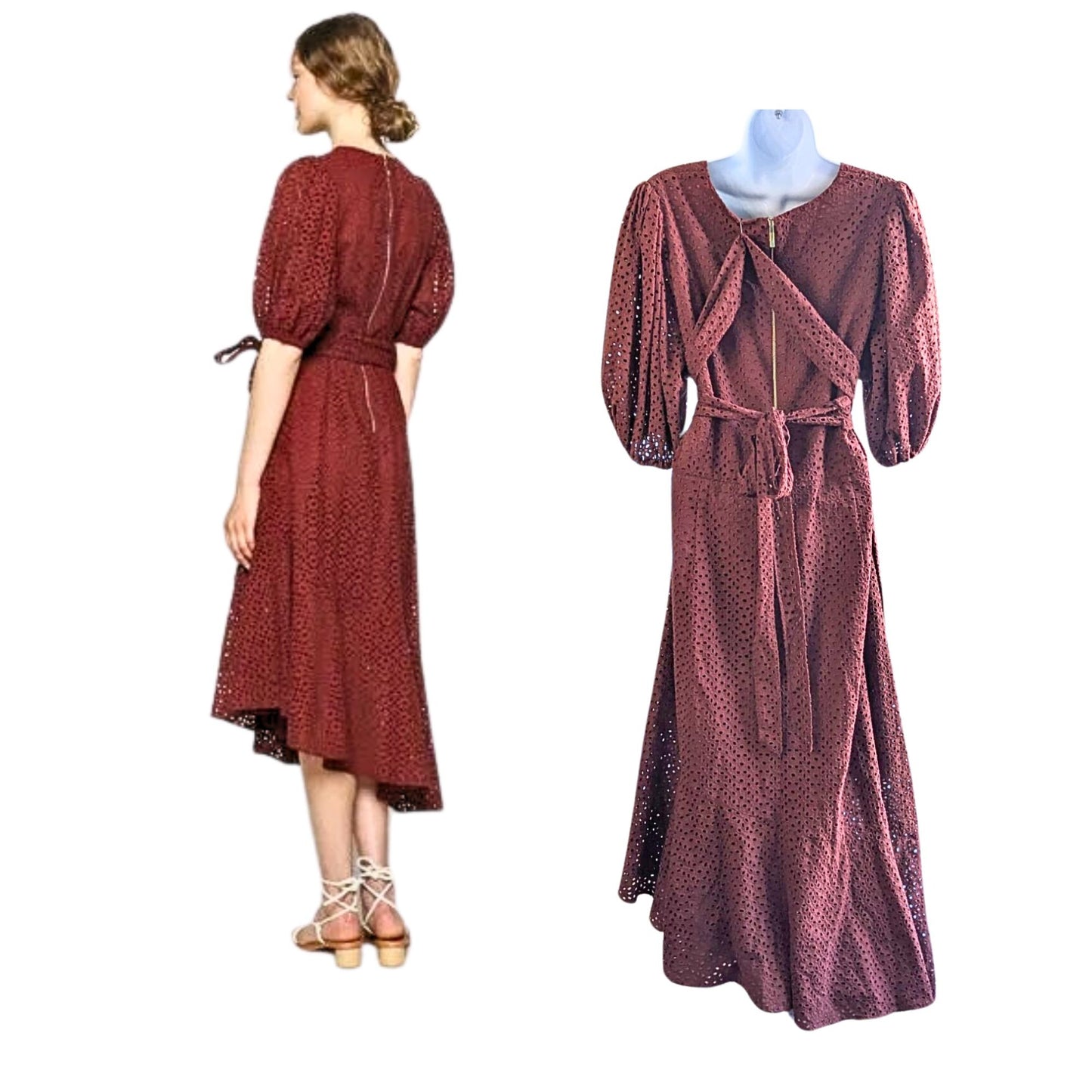 NWOT TED BAKER Belllaa Prairiecore Puff Sleeve Midi Broderie Eyelet Dress Sz6/14