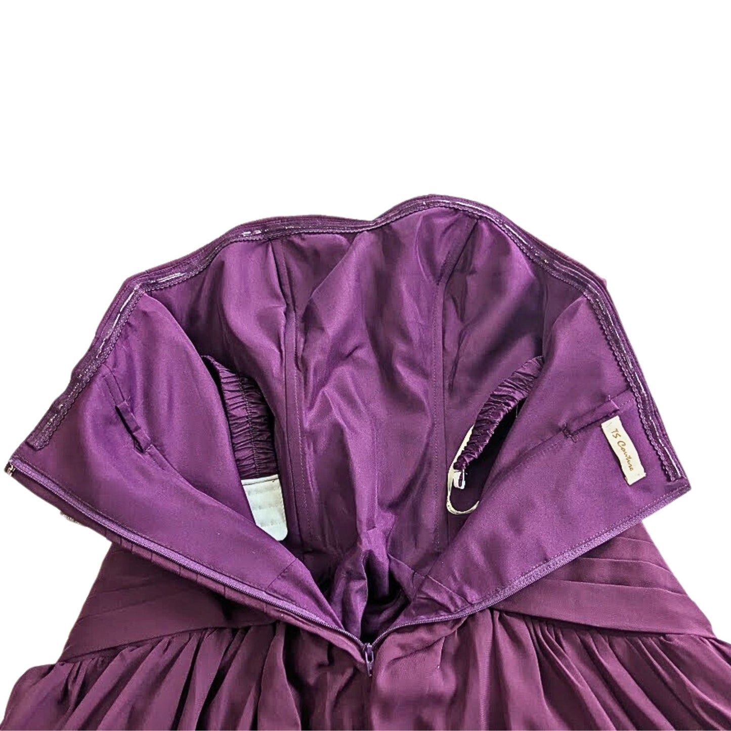NWT TS COUTURE Strapless Grape Pleated Chiffon Fairy Ruffle Tea Prom Dress Sz 8