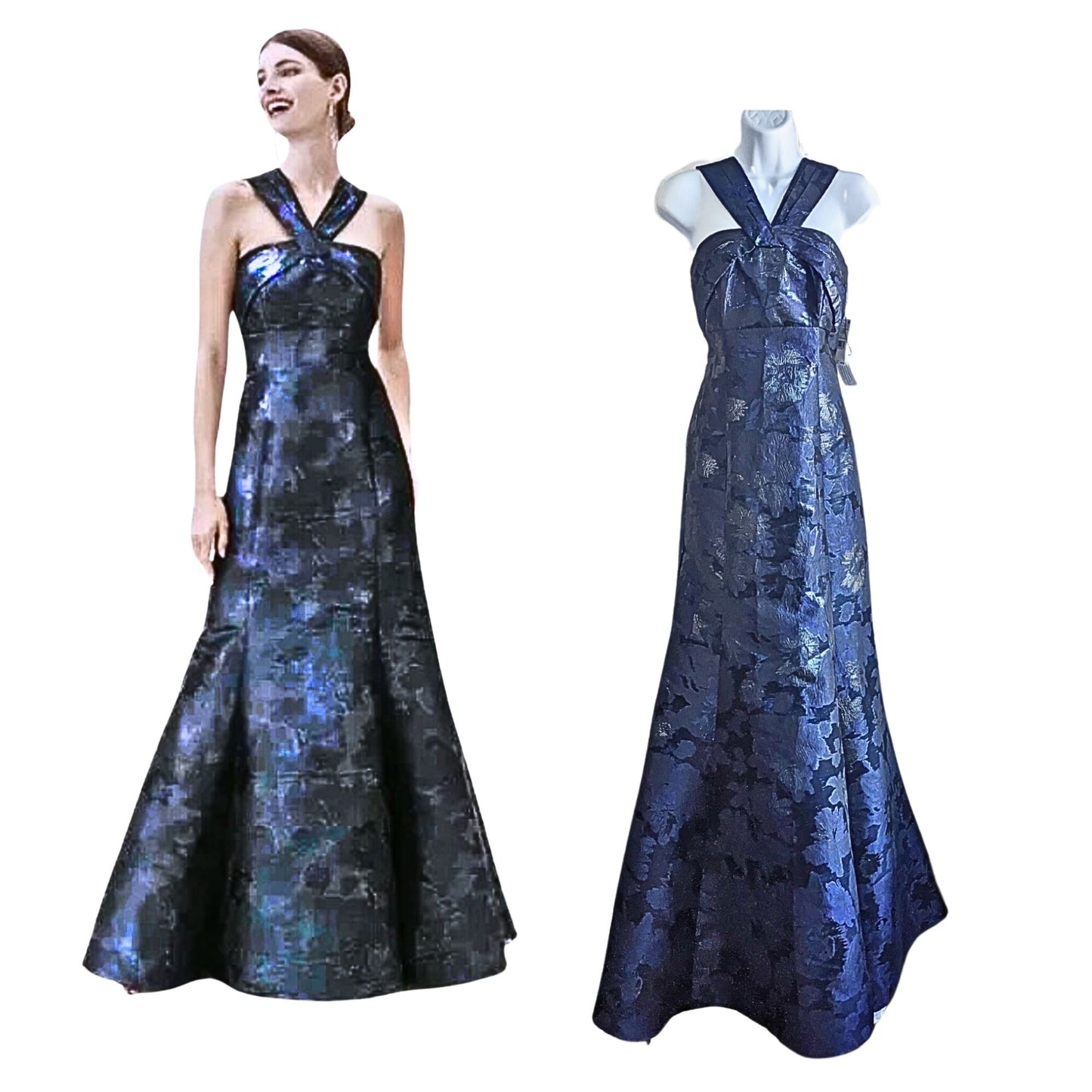 NWT BHLDN Aidan Mattox Midnight Blue Damask Godet Halter Luxe Mermaid Gown Sz 4