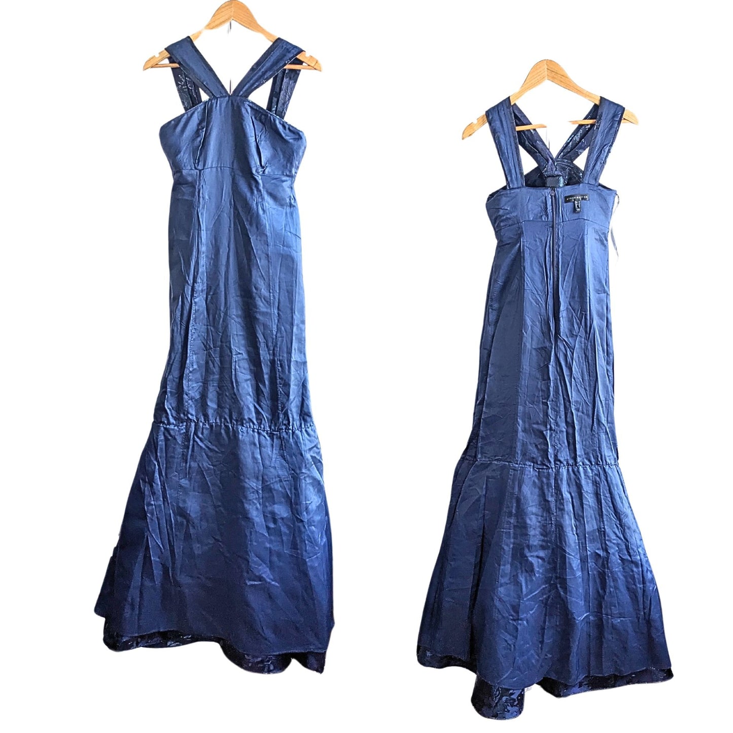 NWT BHLDN Aidan Mattox Midnight Blue Damask Godet Halter Luxe Mermaid Gown Sz 4