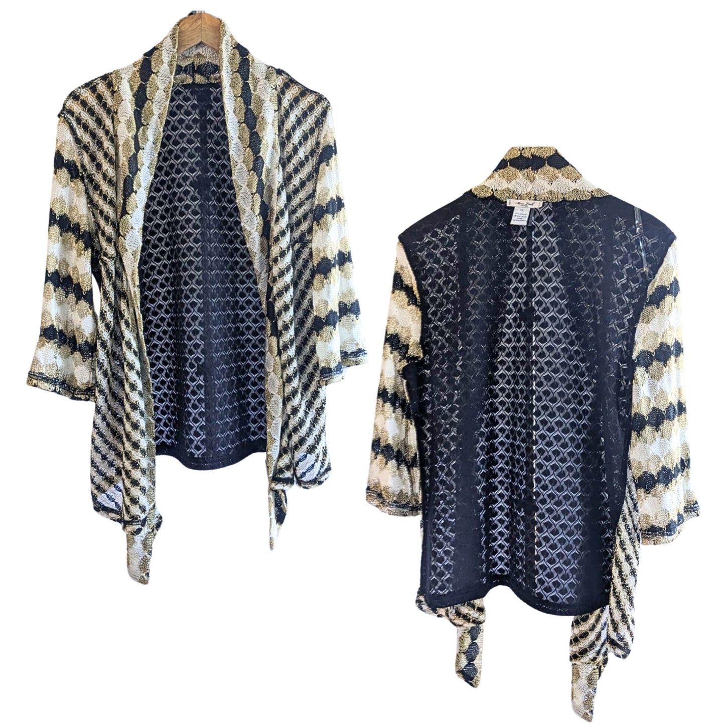 Vintage 90s MONA LEAH COUTURE Metallic Open Knit Semi-Sheer Cardigan Size XL