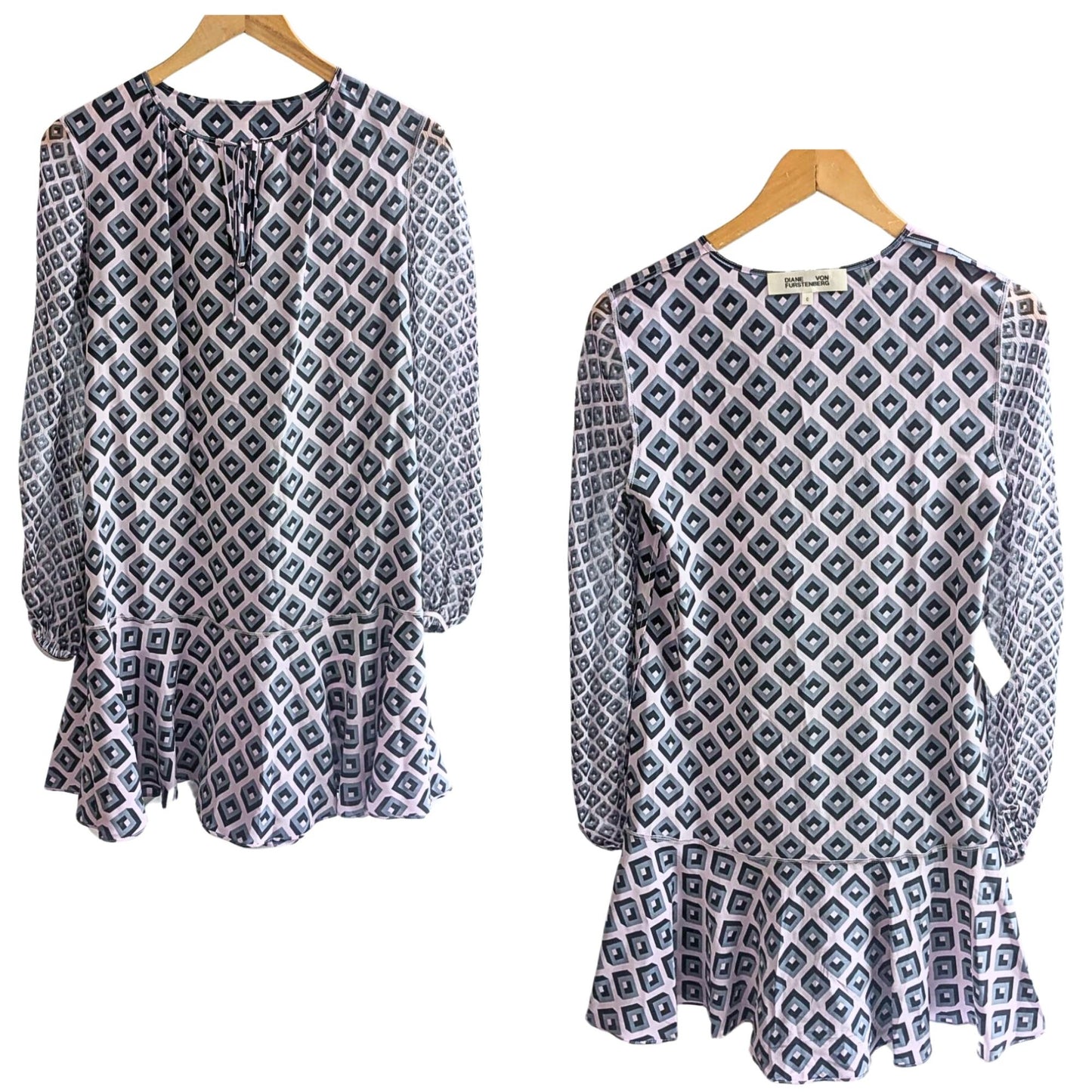 DIANE VON FURSTENBERG Purple Gray Keyhole Geometric Drop Waist Mini Dress Sz 0
