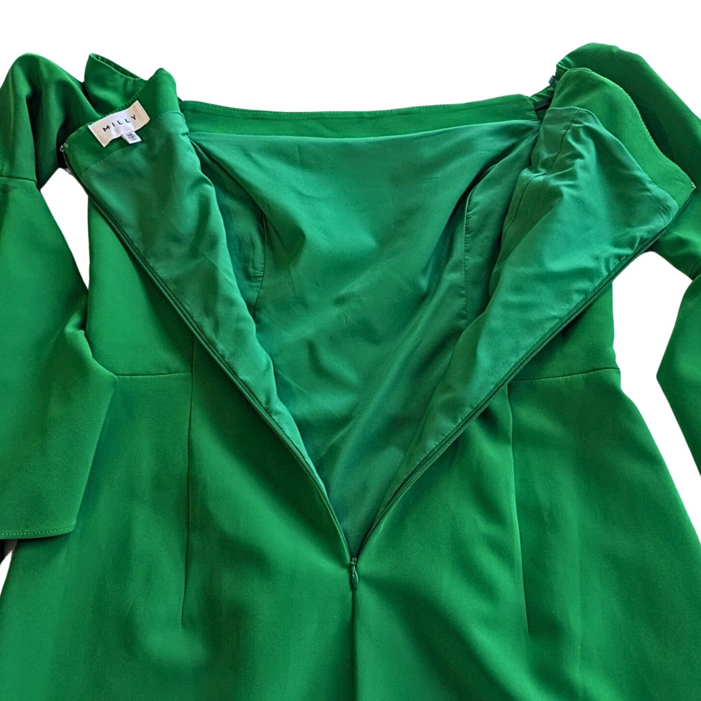 Viral MILLY Selena in Rare Kelly Green Off Shoulder Bell Sleeve Slit Dress Sz 10