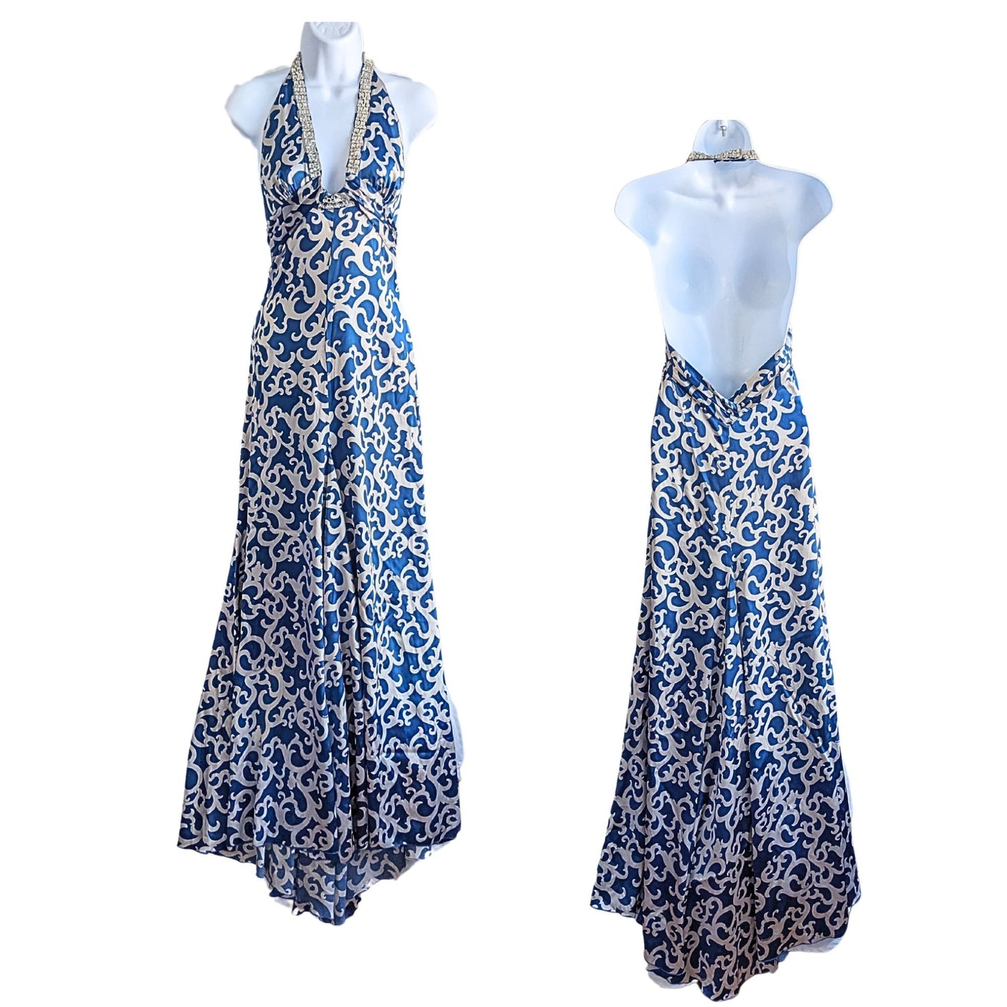 NWT Vtg Y2K BEBE Royal Blue & Silver Satin Rhinestone Halter Maxi Prom Gown Sz S