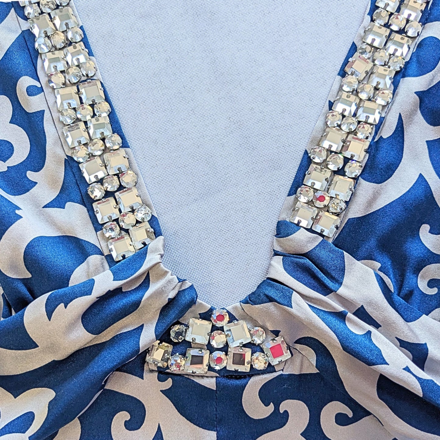 NWT Vtg Y2K BEBE Royal Blue & Silver Satin Rhinestone Halter Maxi Prom Gown Sz S