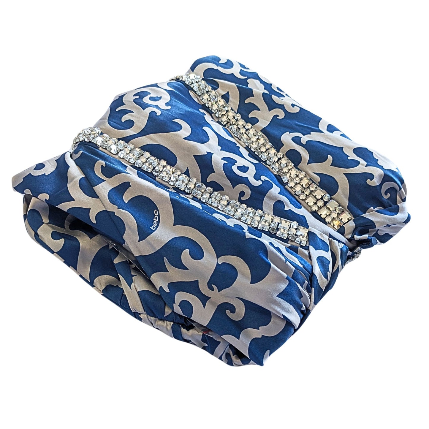 NWT Vtg Y2K BEBE Royal Blue & Silver Satin Rhinestone Halter Maxi Prom Gown Sz S